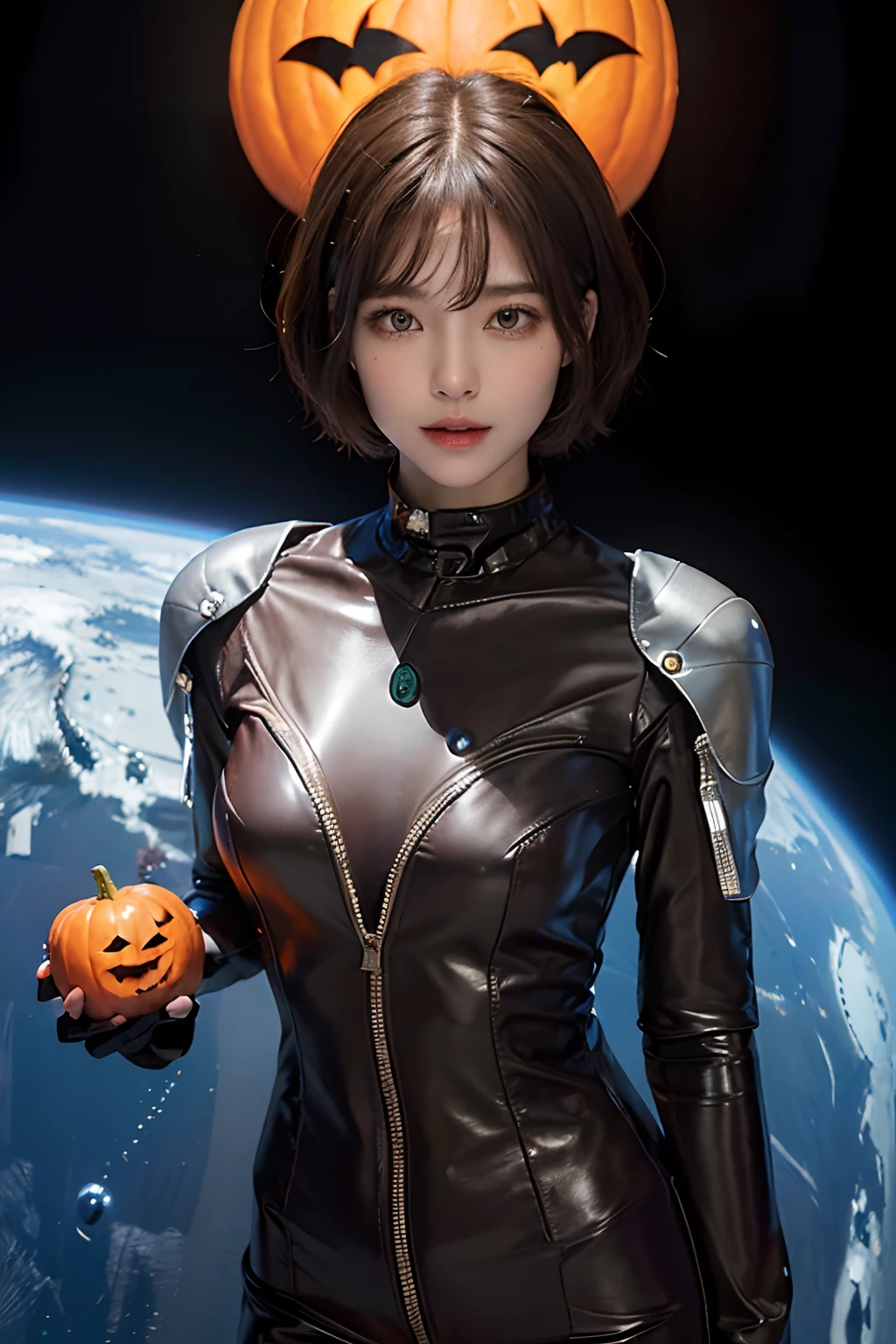 top-quality、masterpiece、超A high resolution、(realisitic:1.4)、Beautuful Women1、Beautiful detail eyes and skin、ssmile、Light brown short-cut hair、The perfect spacesuit、spaceships、cosmic space、Giant pumpkin、the bats、Halloween、