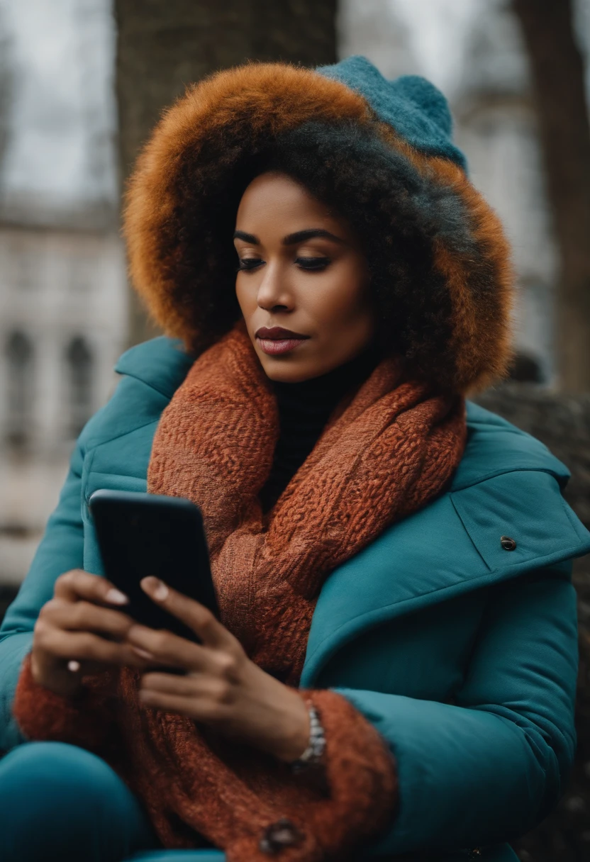 A mixed-race woman dressed in winter clothes. She looks at her phone sadly. Elle est assise sur un tottoir