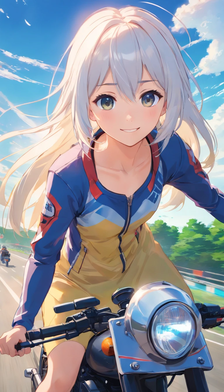 best qualtiy， tmasterpiece， 超高分辨率， realisticlying， 1 girl，（long  white hair），Heterochromic pupils，（ssmile）（Riding a racing motorcycle），（Riding set），Moto track，wide angles