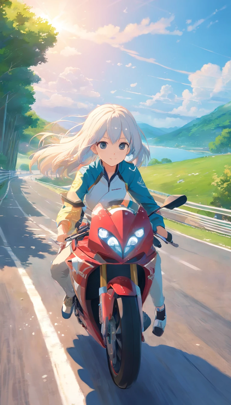 best qualtiy, tmasterpiece, 超高分辨率, realisticlying, 1 girl,(long white hair),Heterochromic pupils,(ssmile)(Riding a racing motorcycle),(Riding set),Moto track,wide angles