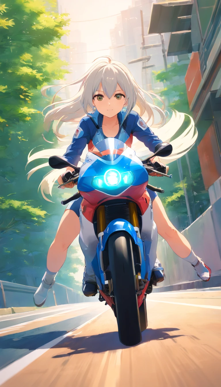 best qualtiy， tmasterpiece， 超高分辨率， realisticlying， 1 girl，（long  white hair），Heterochromic pupils，（ssmile）（Riding a racing motorcycle），（Riding set），Moto track，wide angles