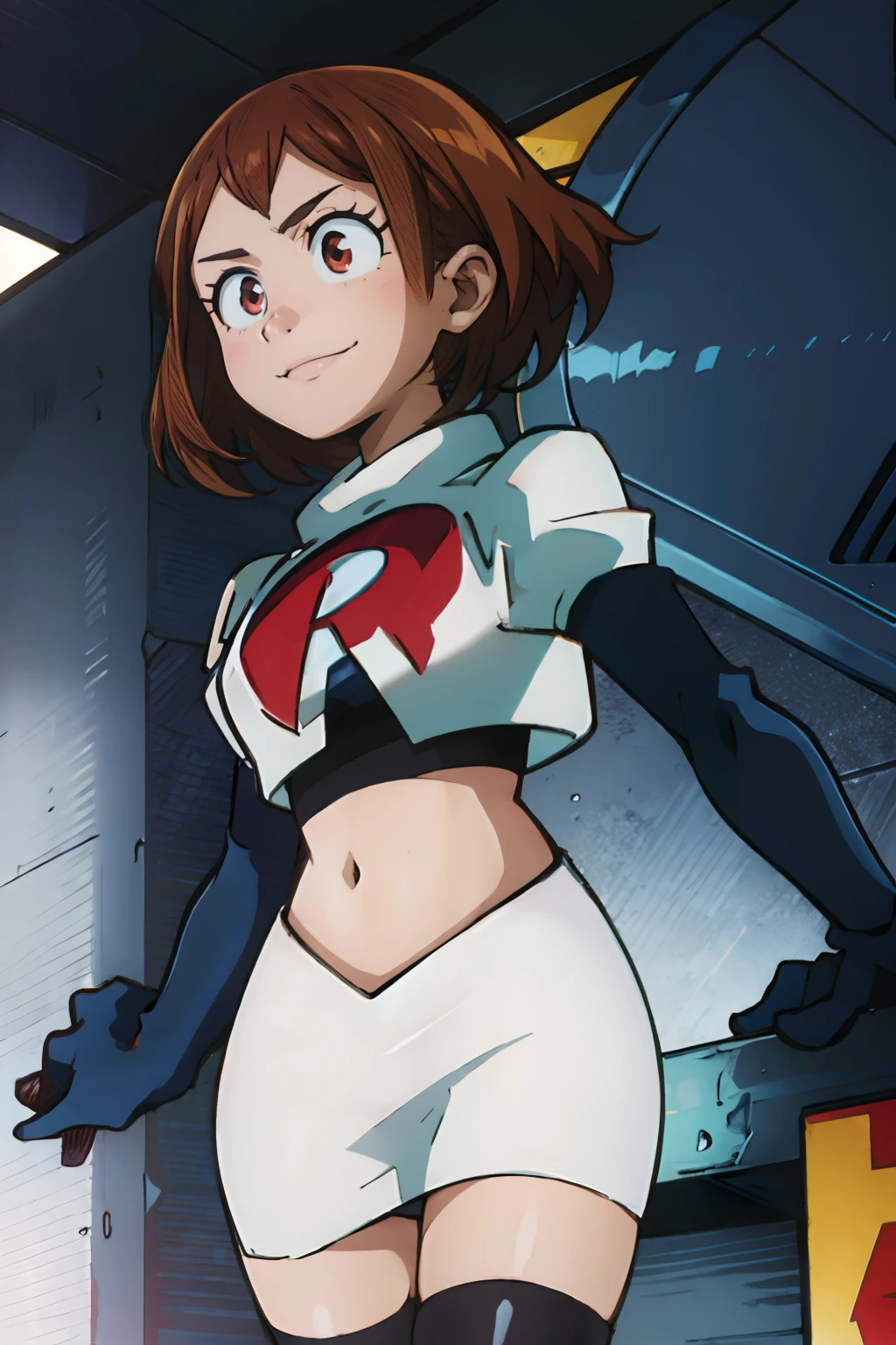 ochaco_uraraka, team rocket,team rocket uniform, red letter R, white skirt,white crop top,black thigh-highs,black elbow gloves, sinister smile