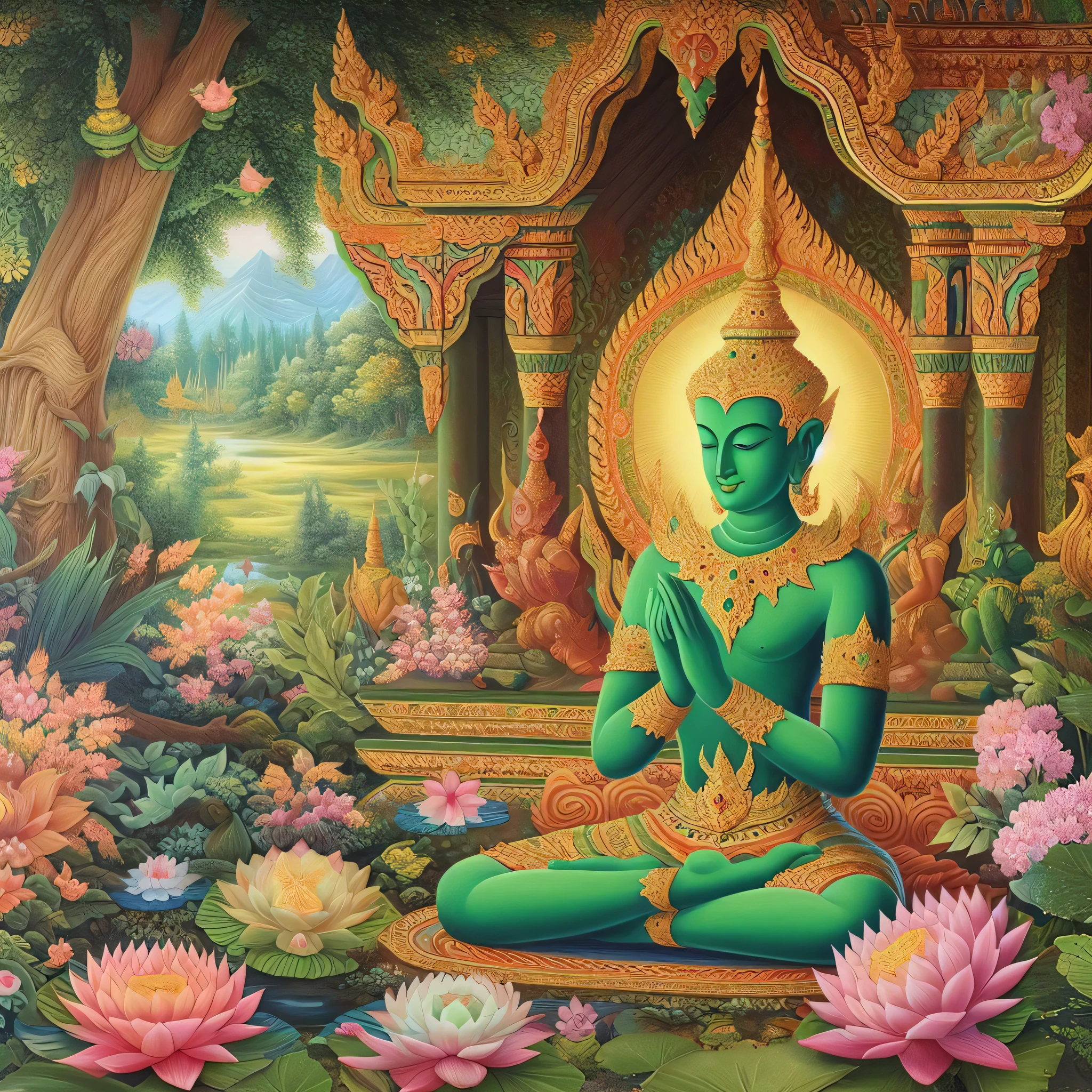 painting of a green buddha sitting in a lotus position in a garden, thailand art, buddhist art, attractive male deity, buddhism, the buddha, green aura, buddha, green blessing, bodhisattva, hindu stages of meditation, hindu art, buddhist, thailand, tithi luadthong, the ayahuasca spirit, standing gracefully upon a lotus
