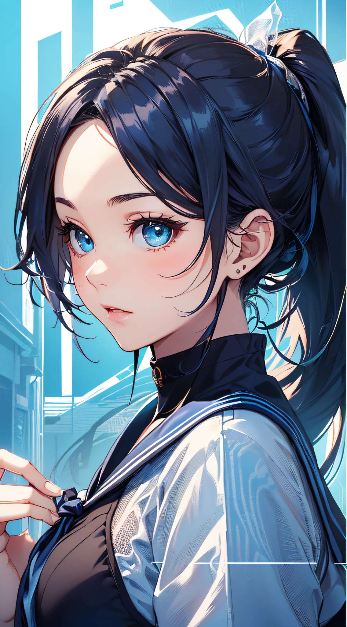 top-quality、Top image quality、masterpiece、girl with((cute little、18year old、Best Bust、Medium bust、Bust 85,Beautiful blue eyes、Breasts wide open,Ponytail with black hair、A slender、Blue hair mesh、Beautiful sailor suit、falda corta,dash))hiquality、Beautiful Art、Background with((blue-sky、Wagas)),masutepiece、Elaborate design、visualart、depth of fields、The best lighting、highestdetailed、8k