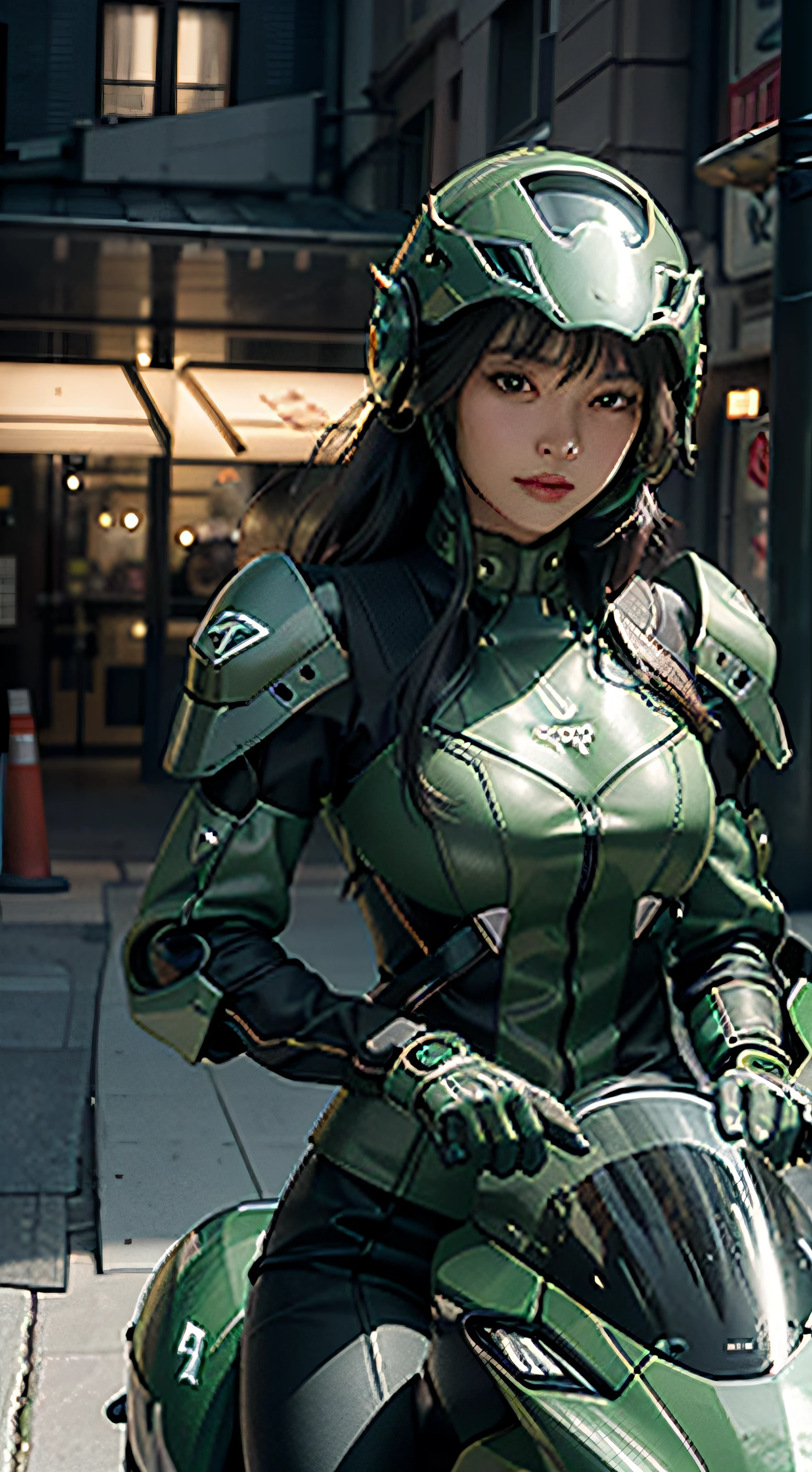 Highest image quality, outstanding details, ultra-high resolution, (realism: 1.4), the best illustration, favor details, highly condensed 1girl, with a delicate and beautiful face, dressed in a black and green mecha, wearing a mecha helmet, holding a directional controller, riding on a motorcycle, the background is a high-tech lighting scene of the future city.