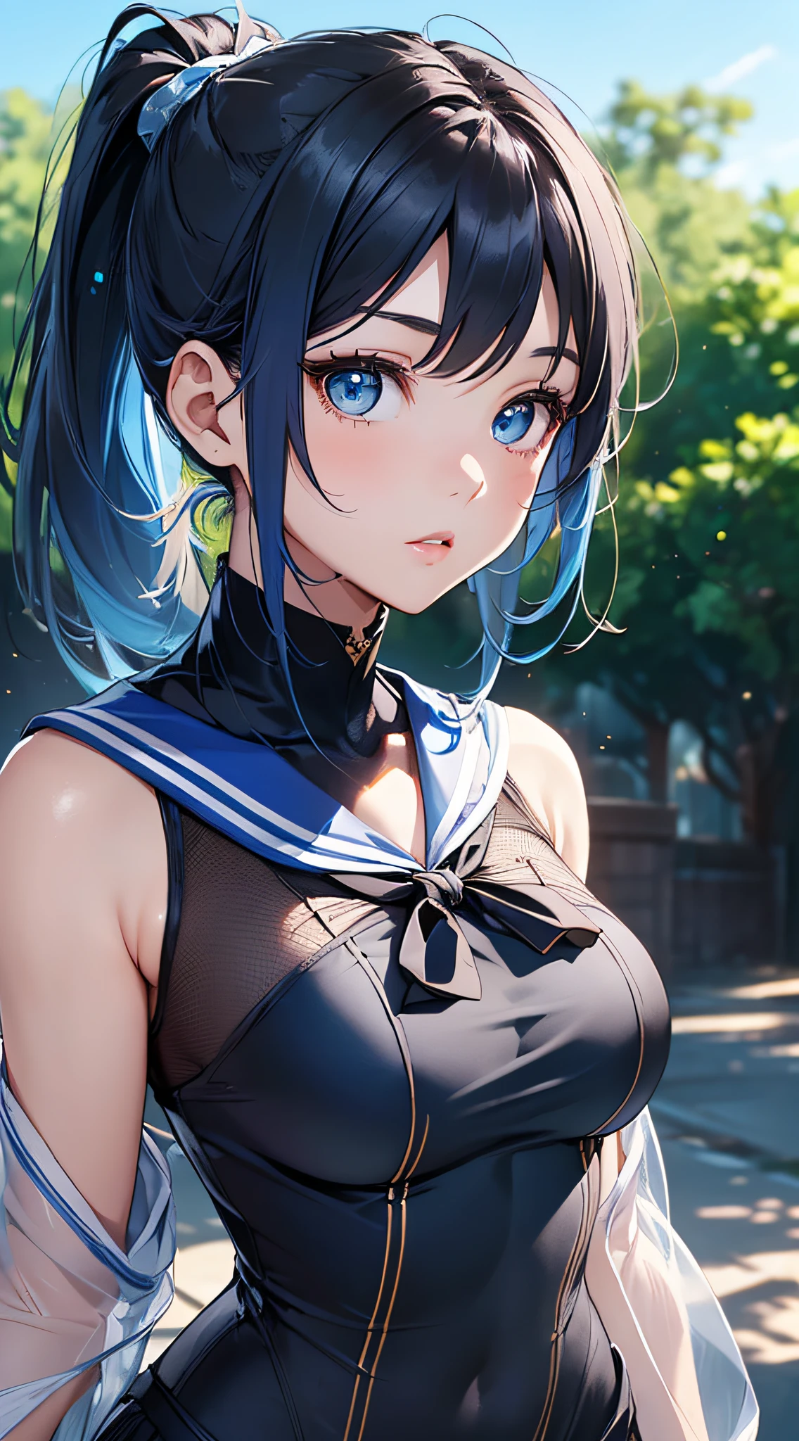 top-quality、Top image quality、masterpiece、girl with((cute little、18year old、Best Bust、Medium bust、Bust 85,Beautiful blue eyes、Breasts wide open,Ponytail with black hair、A slender、Blue hair mesh、Beautiful sailor suit、falda corta,dash))hiquality、Beautiful Art、Background with((blue-sky、Wagas)),masutepiece、Elaborate design、visualart、depth of fields、The best lighting、highestdetailed、8k