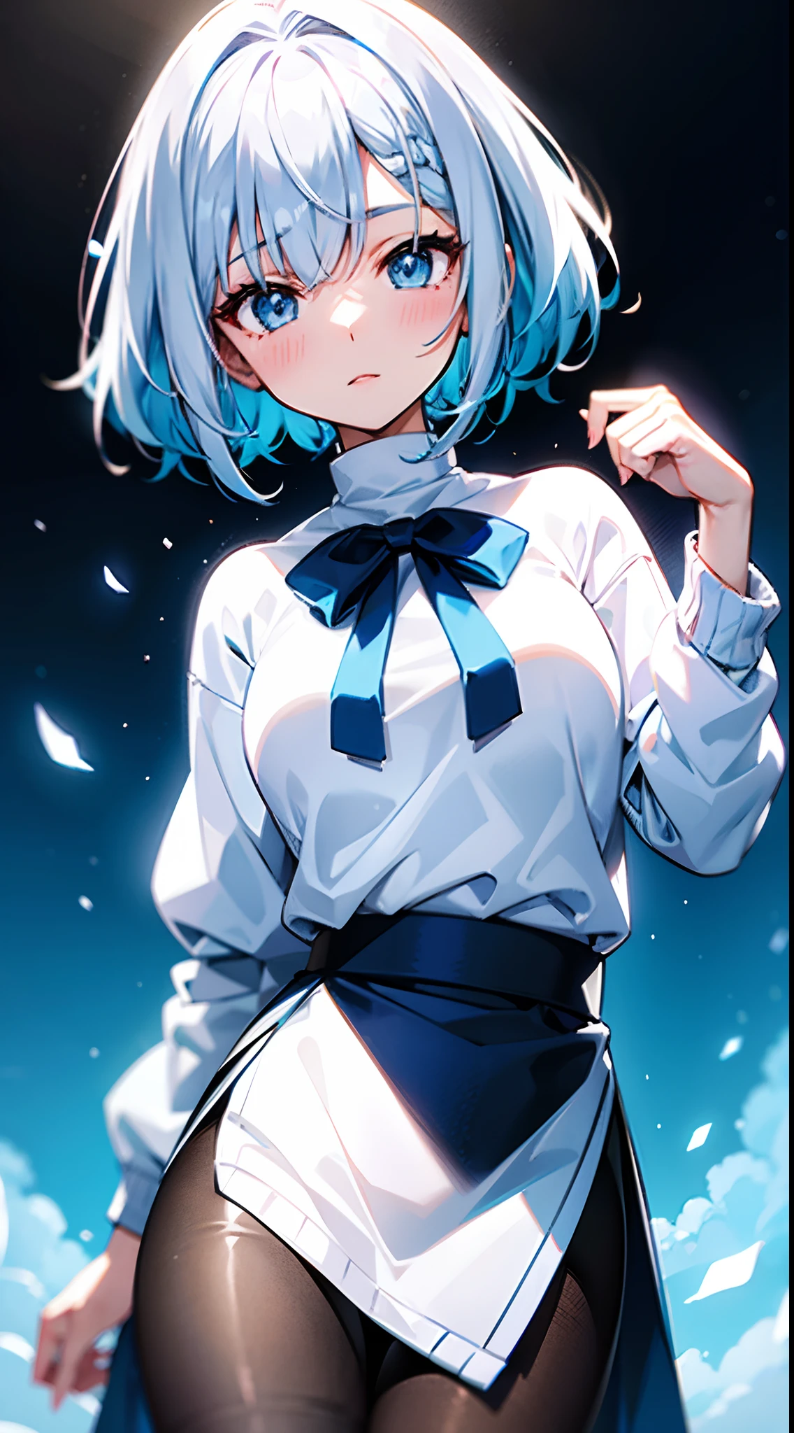 White and blue gradient hair、1 girl in、White sweater、a black skirt、