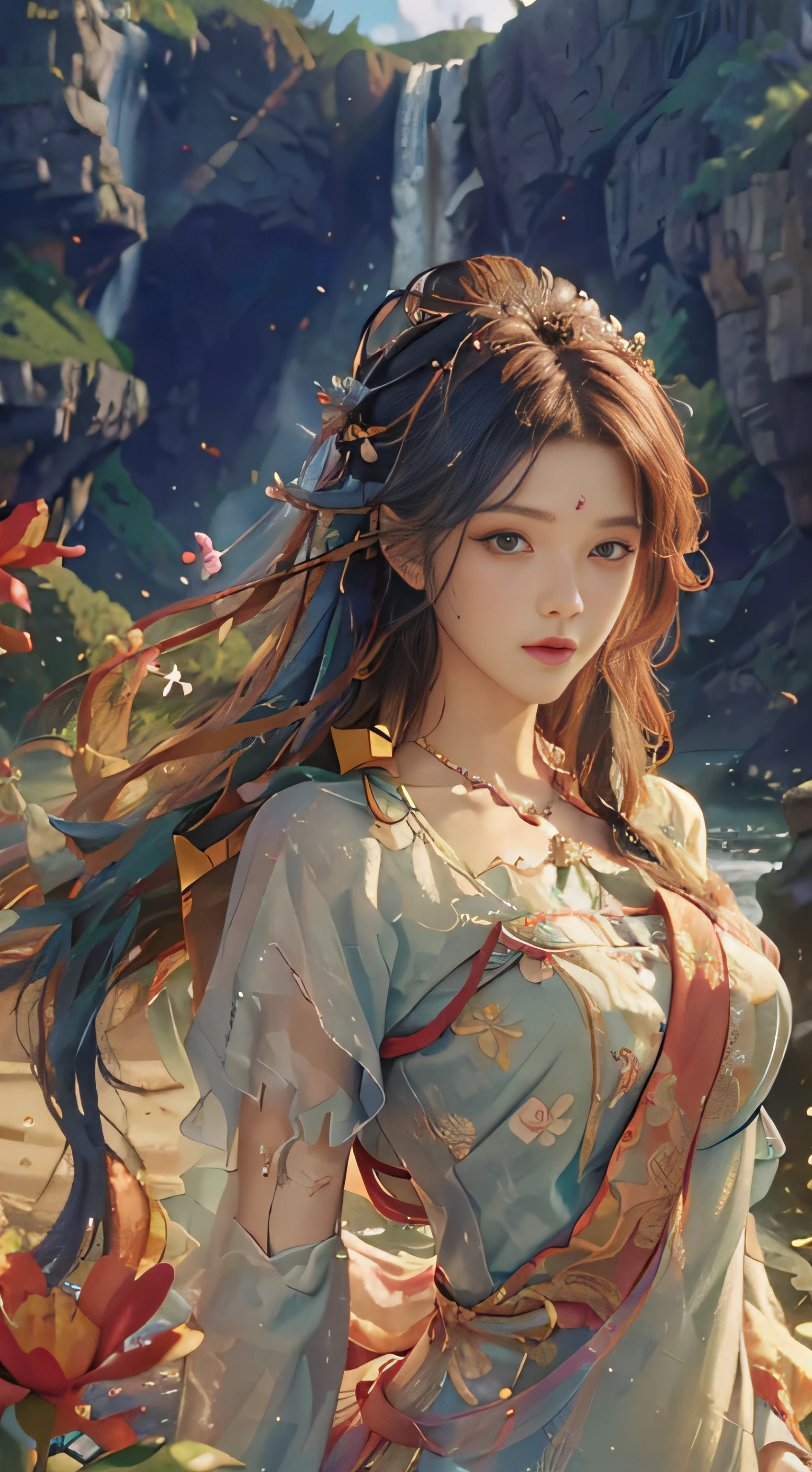 ((Best Quality, 8K, Masterpiece: 1.3)), Sharp: 1.2, Perfect Body Beauty: 1.4, Slim Abs: 1.2, ((Layered Hairstyle, Mid-Chest: 1.2)), Wet: 1.5, Masterpiece, Beautiful Sky and Clouds, Rich Natural Scenery, Cliffs, Lakes and Rivers, Waterfalls Flying Water, Fanatic, Long Sleeves, Elegance, Holy, Colorful, Highest Detail, Underwater, Floating Hair, Flowers, Masterpiece, Superb Style, Spring Dress, Colored Hair, Outdoor, Magazine Cover, Upper Body