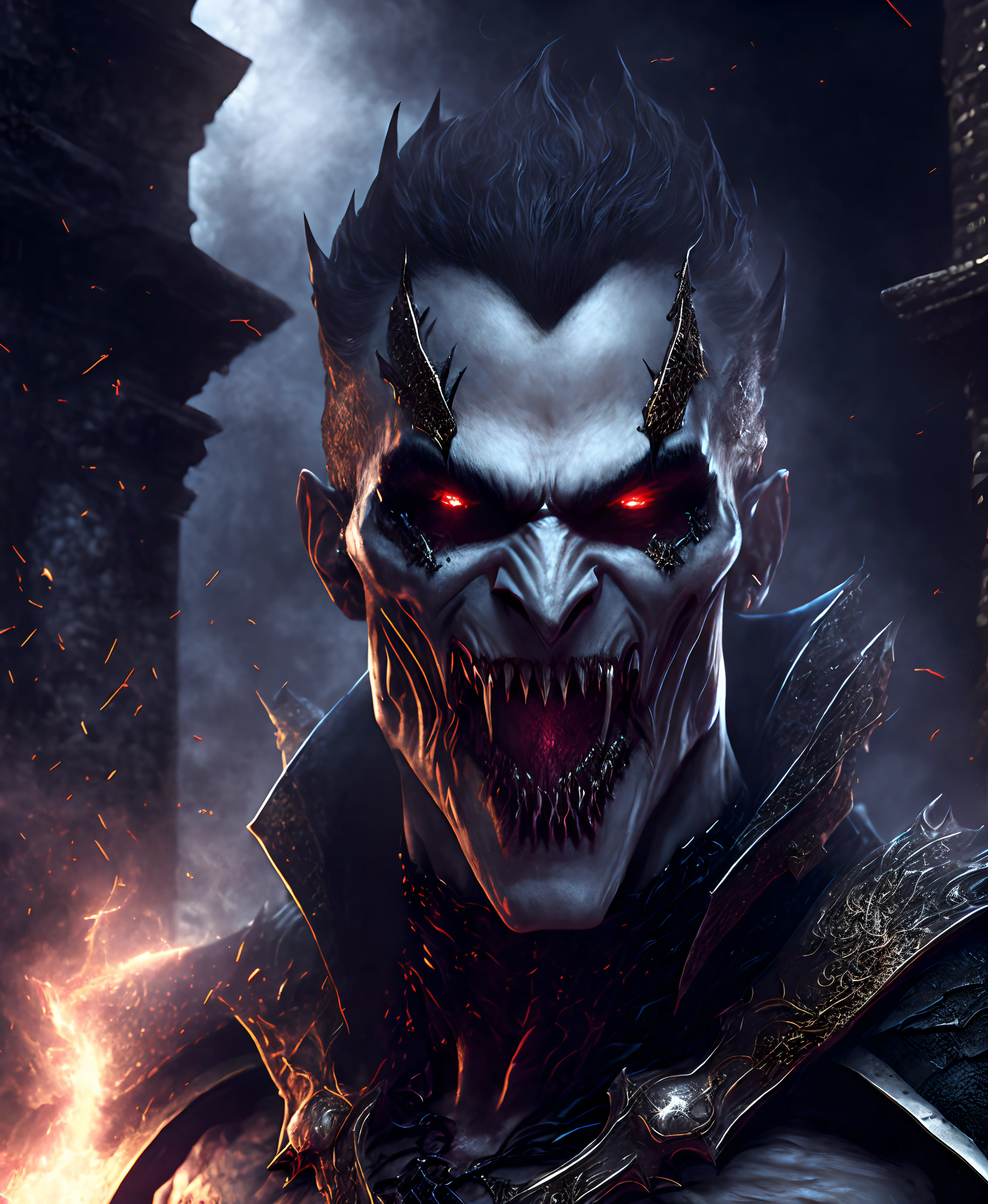 Close-up (Dracula from Marvel in Viking style: 1.3) emerging from wet black mud, extremely detailed, smoke, sparks, metal shavings, flying debris, volumetric light