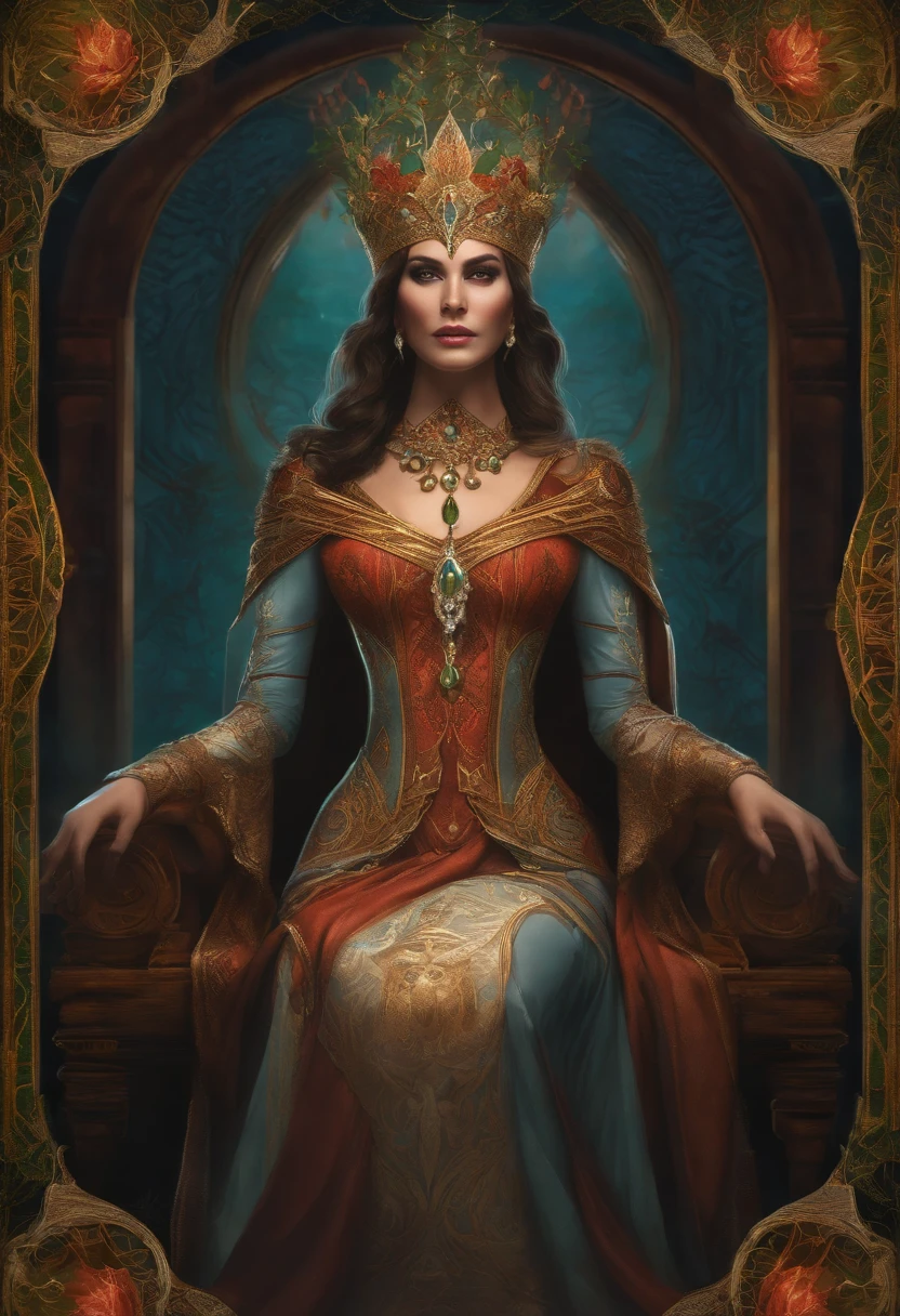 symmetrical tarot card concept art of danahamm in a (very provocative)+ outfit as the queen of elves, Lovecraft Madness theme, by Lee Bursten, Tarot512, 8k, high detail, intricate