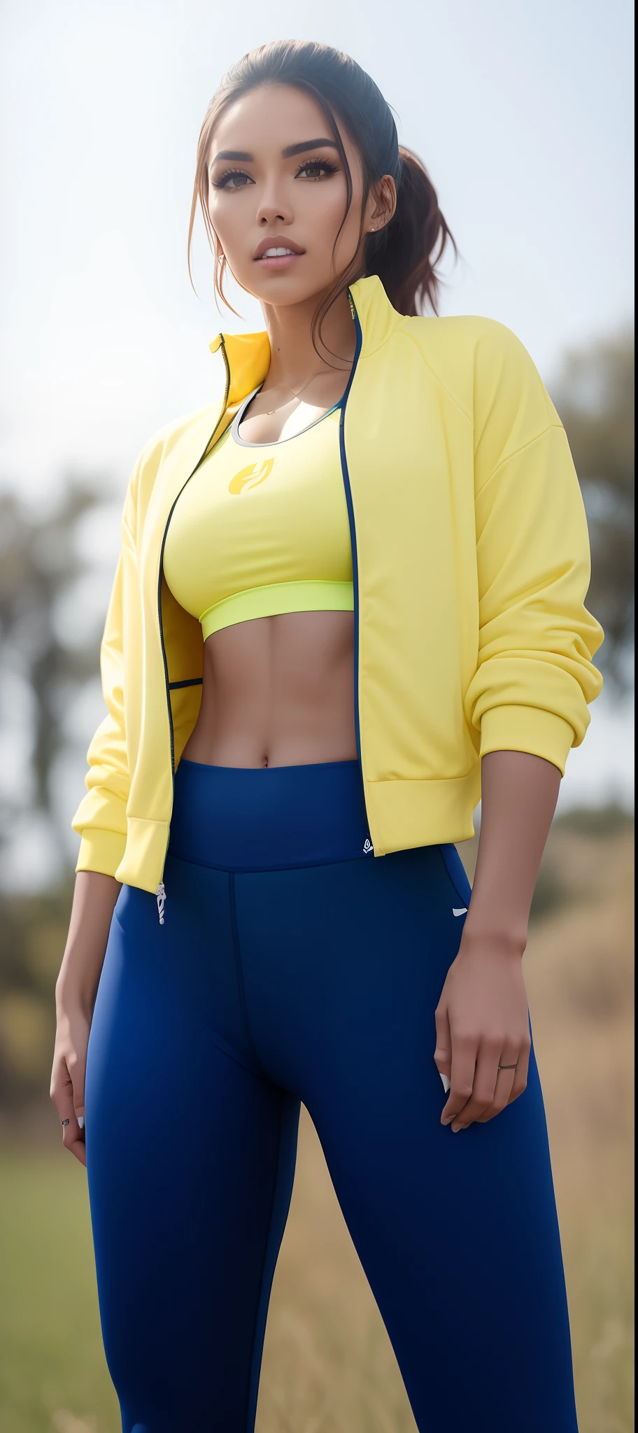 Muscular girl full of tattoos busty wearing track suit sexy face and smile, Indian female, age 33, 42-D cup breasts, huge round boobs, extremely sweaty body, super muscles and ripped shredded physique defined arms and biceps posing biceps flex, wearing Nike gym outfit, highly detailed and realistic, Yellow jacket and blue tracks with shoes, wearing headphones around neck, full body length photo looking straight at the camera full body length. 4k HD.