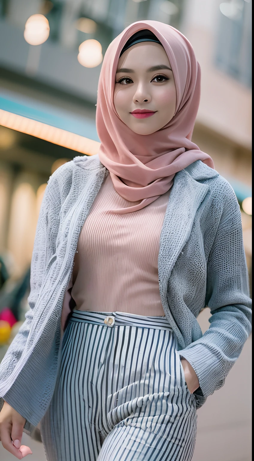 Malay girl in hijab and wear Half Button Rib Knit Tee with pastel color jacket and High Waist Plicated Detail Suit Pants, walking in city street, catwalk, confident walk, windy, elegance, front view, detail skin, detail skin texture, beautiful malay face, pastel color outfit, small breast, wide hip, wide waist, thick thighs, slim abs, beautiful body, evening, sunset, sun light enhance dramatic mood, arrogant smile, professional cinematic  lighting, blur background, bokeh, realistic, ultra detail, high quality,