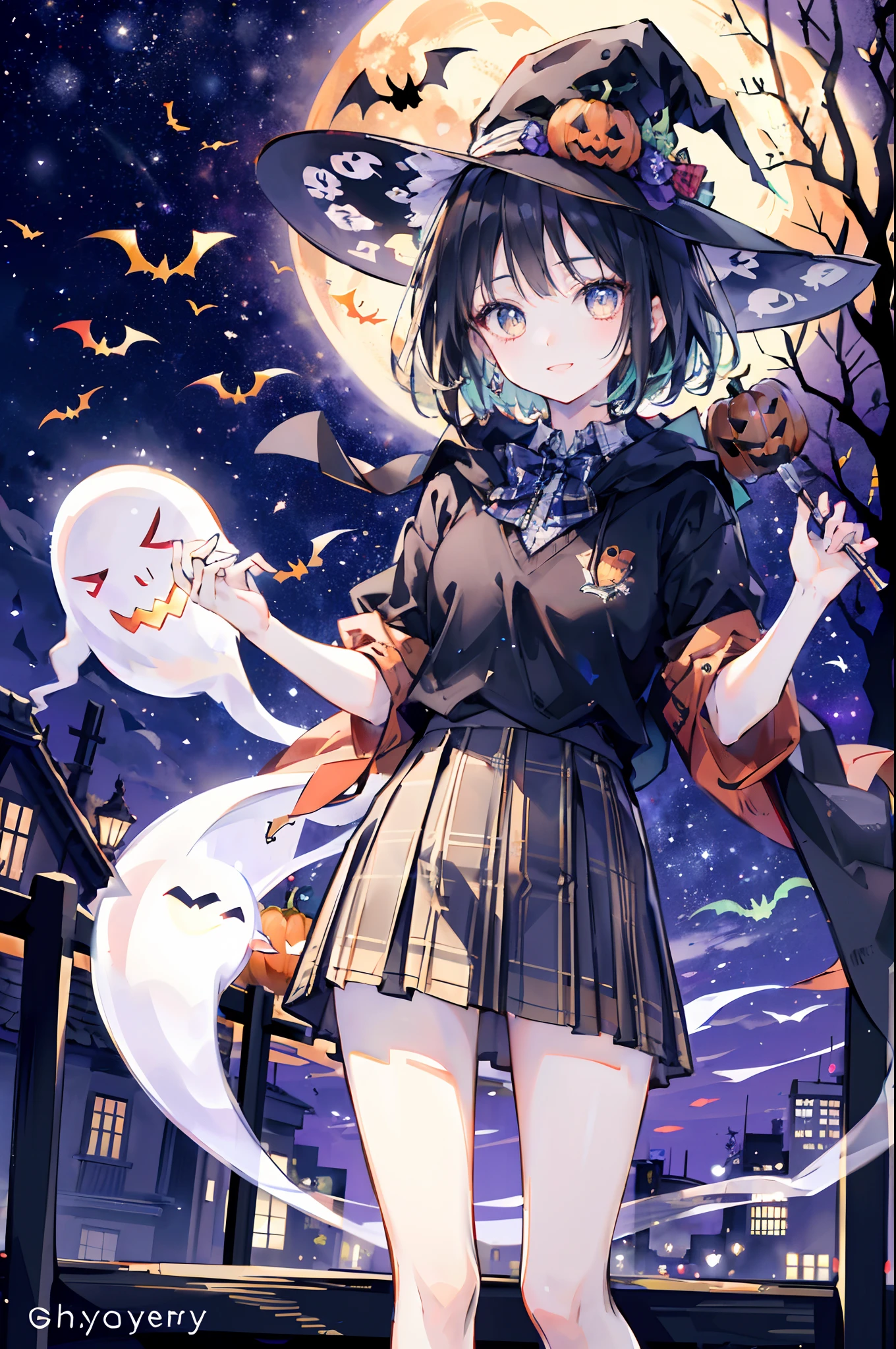 (top-quality、in 8K、32K、masterpiece、nffsw、超A high resolution、Impresionismo、Photorealsitic:1.2)、cowboy shot、foco nítido、detailed faces and eyes、(Tokyo at night、Halloween Decorations、The ghost is flying、Ghost pumpkin、Very colorful、Brightly colored sky:1.2)、(Very colorful night sky、Colorful ghosts flying in the sky)、Sharp pupils、Realistic pupils、beauitful face、blurry backround、18 year old beautiful girl、shinny skin、Bery short hair、Beautiful dark brown hair、Blunt bangs、Dark blue eyes、Wizard Hat、cloaks、Shirt、Halloween tie、Plaid miniskirt、Black socks、(Holding a skirt in your right hand、Lifting skirt:1.3)、(Raise your left arm)、(Happy expression on face:1.2)、dynamicposes