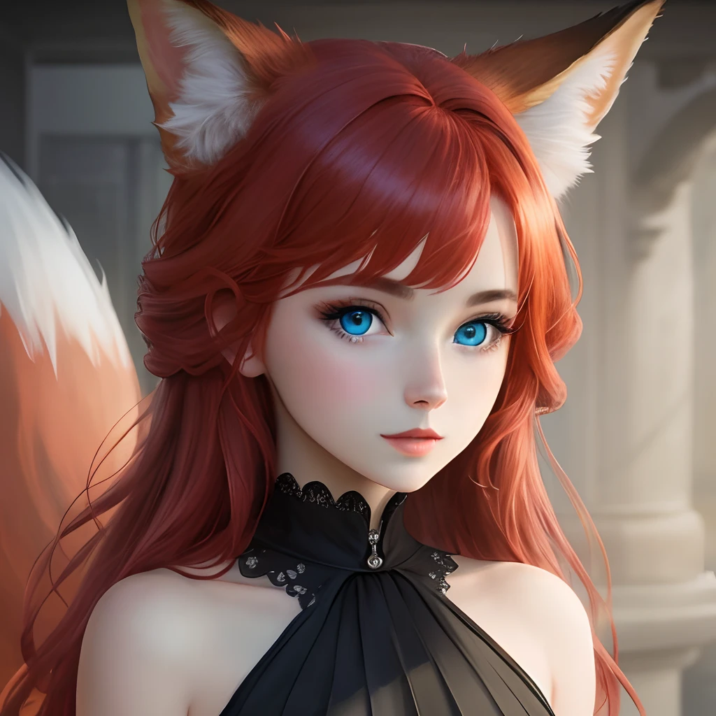Fox girl with red hair, blue eyes, wearing a black dress