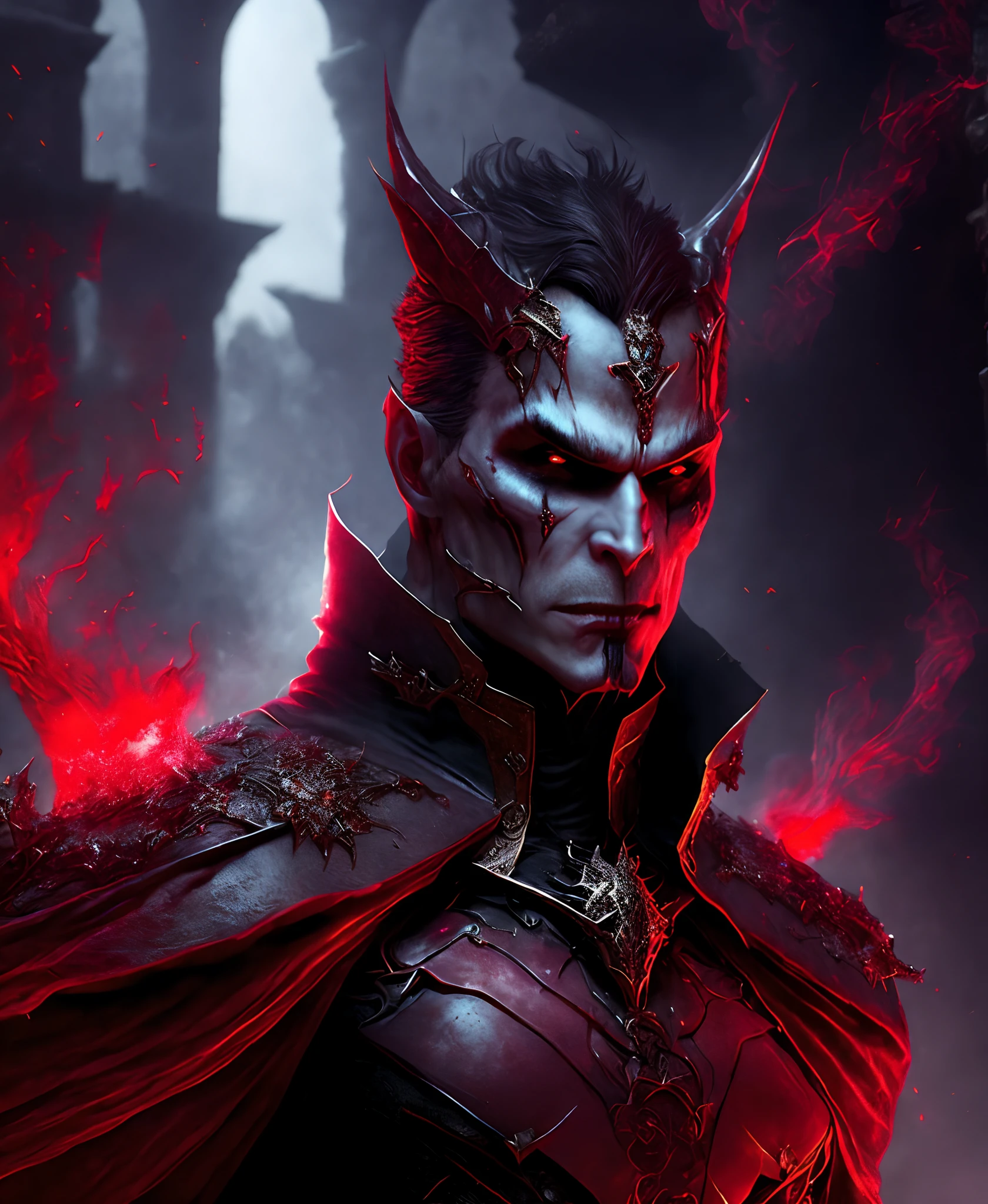 Close-up (non human Vampire from DC in Goth style: 1.3) emerging from the the old vampires castle, influenced by the colour red velvet, extremely detailed, smoke, sparks, metal shavings, flying debris, volumetric light