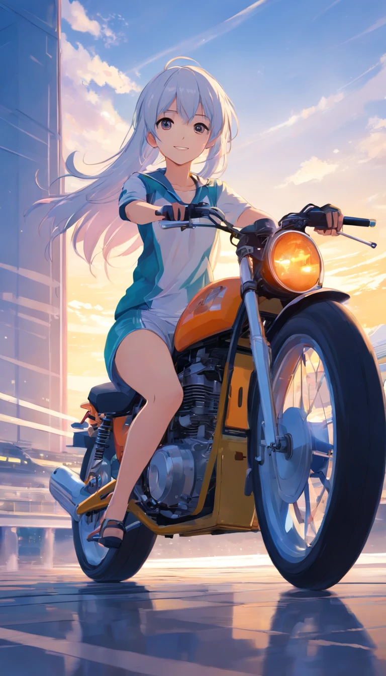 best qualtiy, tmasterpiece, 超高分辨率, realisticlying, 1 girl,(long white hair),Heterochromic pupils,(ssmile)(Ride racing motorcycles),(Locomotive kit),Motorcycle track,wide angles