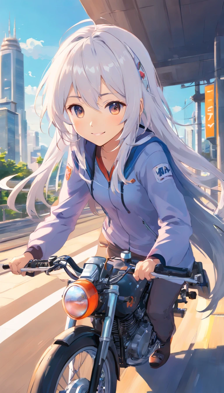 best qualtiy, tmasterpiece, 超高分辨率, realisticlying, 1 girl,(long white hair),Heterochromic pupils,(ssmile)(Ride racing motorcycles),(Locomotive kit),Motorcycle track,wide angles