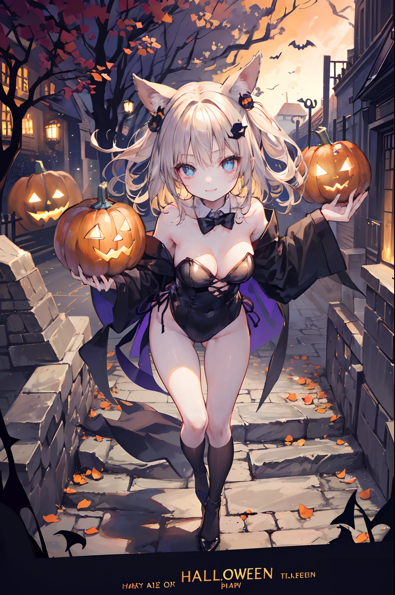 (Official art、Best Quality、Unity 8k Wallpapers、32K、masterpiece、ultra-detailliert、超A high resolution、realisitic、Photorealsitic:1.2)、(Cinematic lighting:1.2)、Fireglow effect、film grains、Best Shadows、(Ultra-detailed and complex 3D rendering)、Detailed beautiful face and eyes、Realistic pupils、Sharp pupils、A slender、Medium bust、(Full body:1.2)、side lights、 Highly detailed background、(super detailed skin、detailed skin textures:1.3)、(Close-up of a group of carved pumpkins in the park, jack-o-lanterns, Pumpkin glowing under the tree, Halloween atmosphere, Halloween Scene, jack - o'- lantern, pumpkins, Evil spirits walk around with lanterns, halloween celebration, Halloween, Spooky and scary atmosphere, halloween theme, Halloween Decorations, halloween night, shutterstock, trick or treat, edited、Very colorful、Vivid Color)、shinny skin、 20-year-old beauty、Beautiful wavy platinum blonde hair、 Blue eyes、beauitful face、Playboy Bunny Girl、High-cut leotards、a bow tie、Cuffs、Wearing fishnet stockings、Black rabbit ears、Ghost pumpkin hair ornament、With a rabbit tail in the ass,,,,,,,,,,,,,,,,,、Holding a haunted pumpkin in both hands、Bring your arms forward、(Happy expression on face、Self-satisfied smile:1.2)、dynamicposes