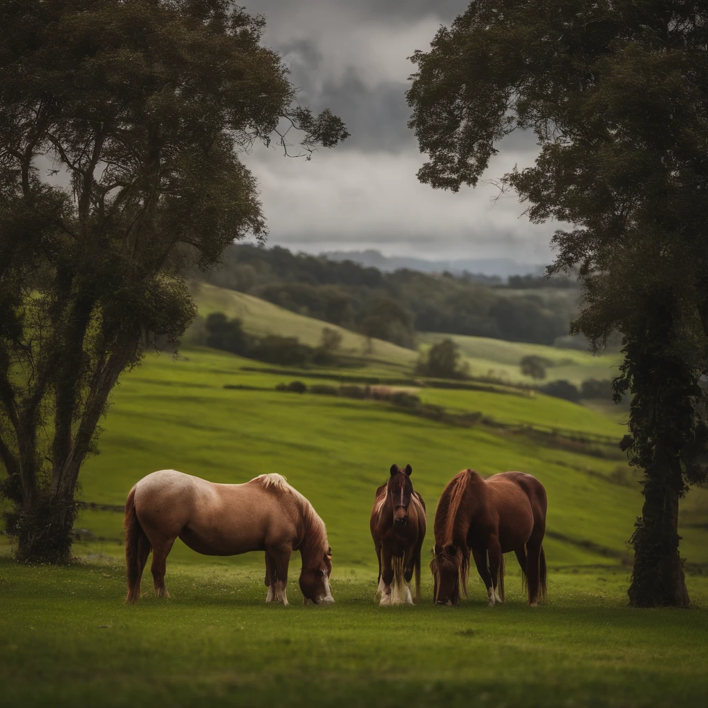 Dois lindos cavalos, pastando em um campo gramado verde e ensolarado, alta qualidade,8k,muitos detalhes