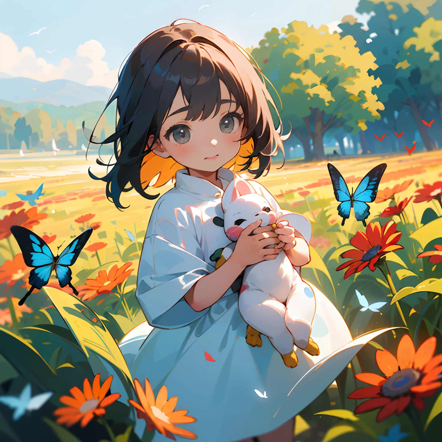 High Detail, Ultra Detail, 8K, Ultra High Resolution A cute and innocent girl, toddlerenjoying her time in the open field, surrounded by the beauty of nature, warm sun sprinkling on her, wildflowers gently swaying in the breeze. Butterflies and birds flutter around her, adding to the playful atmosphere,