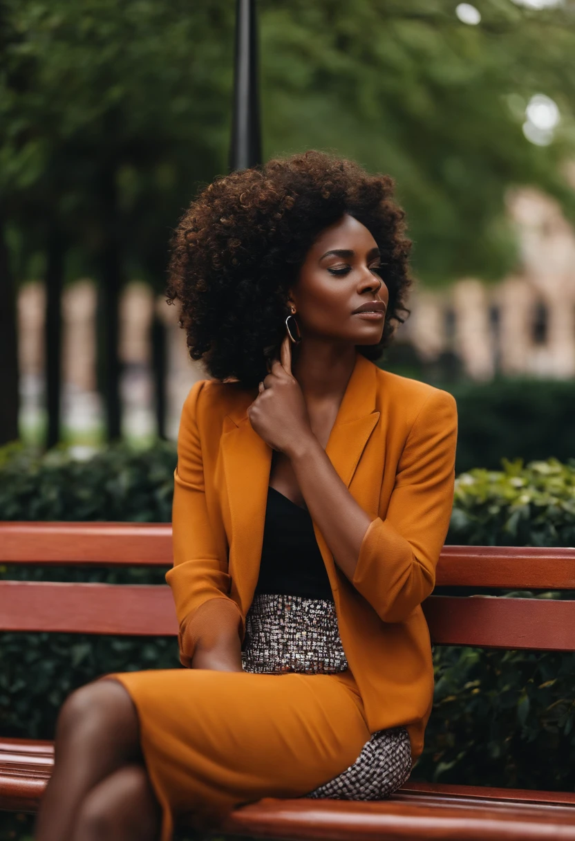 A dark-skinned woman with curly hair. She's on the phone crying on a bench
