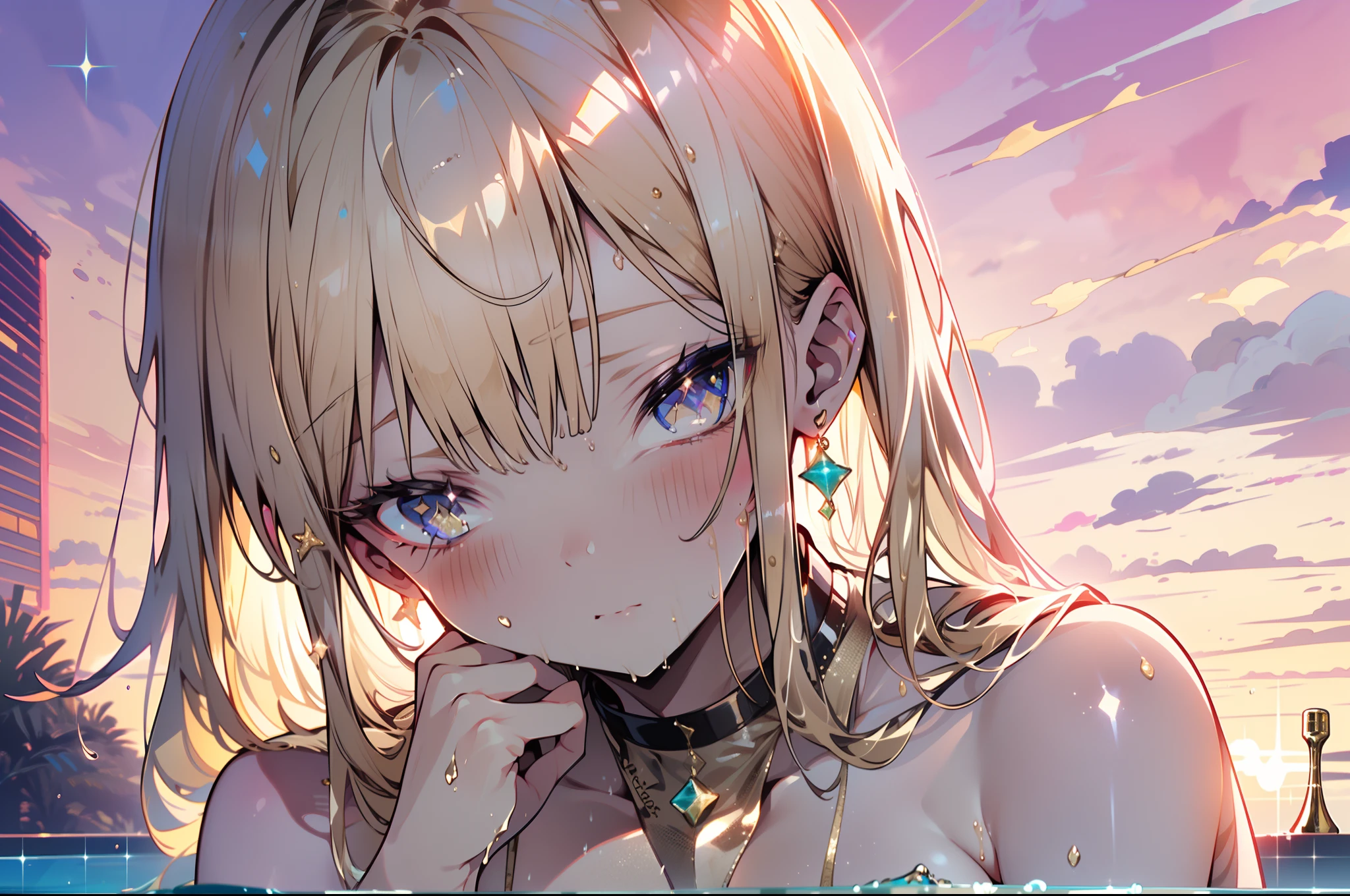 1 beauty, (Light Purple Eyeshadow),platinum-blonde-hair, thick body,thick neck, broad shoulders, Smaller face, Long body, tiny chest, Watery Big Eyes, Toned body, Beautiful constriction, ((Erotic face:1.4)), 涎、long eyelasher, Blushlush, in poolside, Wet whole body, ((Glittering champagne gold colored bikini swimsuit:1.4)), (wet and disheveled hair:1.4), (Dynamic composition:1.2), ((Perfect Anatomy:1.2)), (Heavy sweat on the face:1.2), Splattering splashes shine:2, fine splashes on the body, High-speed camera:1.2, (Platinum Necklace and Earrings), (Sunset colored sky:1.4)、Face Zoom:1.4、selfee:1.2