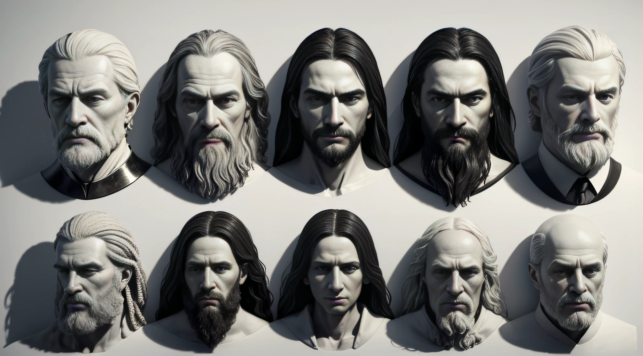 Generate an AI-generated image of a straight row of philosophers made of plaster, with ample shadows and minimal lighting, exuding confident and serious poses. The image should be monochromatic with a texture resembling real plaster, featuring polished and masculine facial expressions.