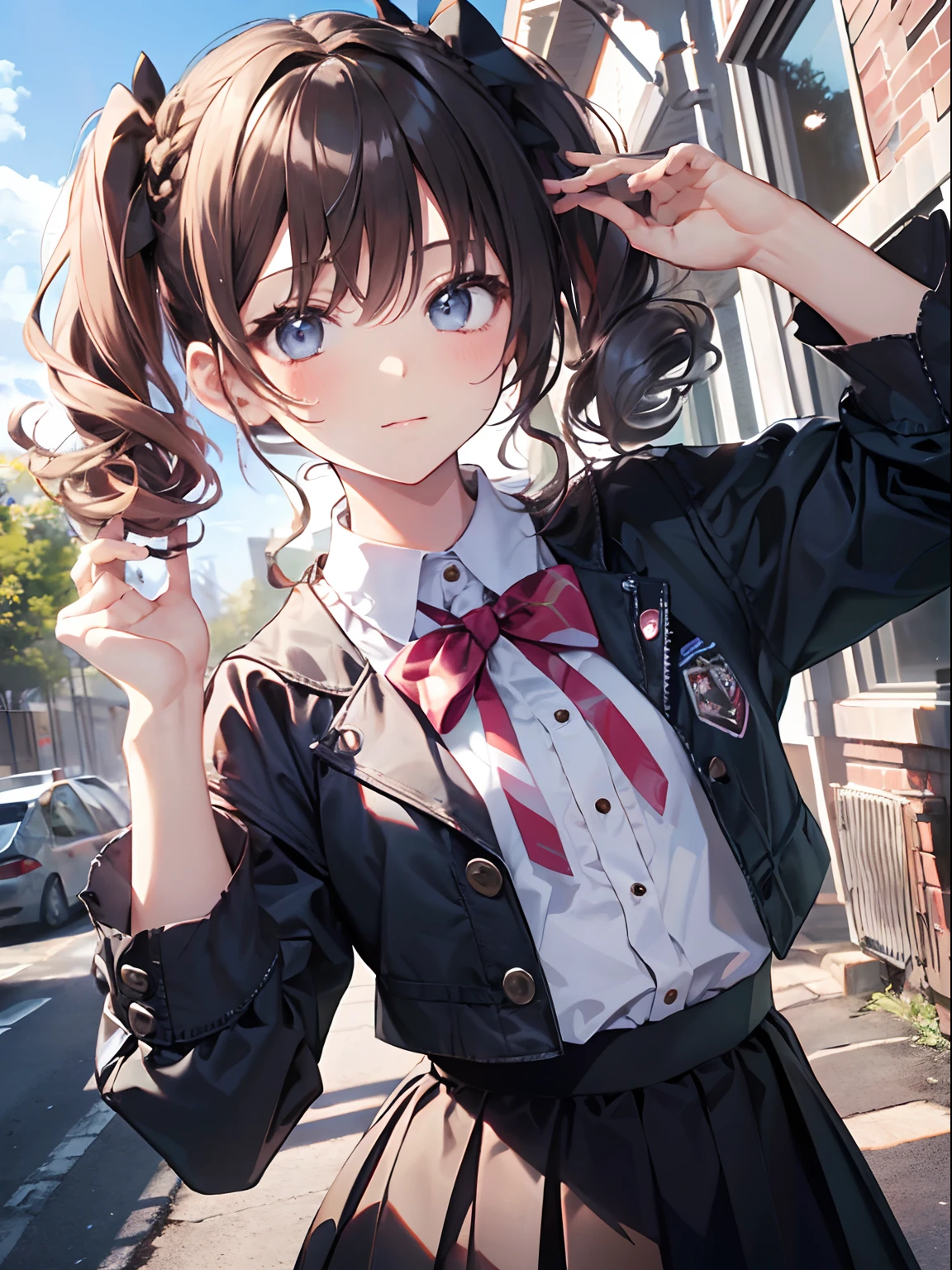 (Highest quality illustrations:1.2),cowboy  shot、 (Kawaii Girl:1.1), (2girls), (2girls、15yo student、Lori、Gamine、A tiny、kawaii、cute little、tiny chest、ultradetailed eyes:1.2)、hi-school girl、high-school uniform、Blake black hair、Blue-haired、Brown hair、extra very short hair、shorth hair、Middle hair、length hair、hair wavy、curlyhair、Light pink and braided hair、hime-cut、bob cuts、Twin-tailed、low twintails、poneyTail、Low ponytail in light blue、 BREAK(top-quality、ultra-detailliert、highly detailed and beautiful、超A high resolution、Detailed arm:1.2)、