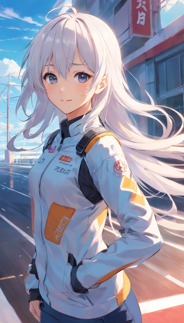 best qualtiy, tmasterpiece, 超高分辨率, realisticlying, 1 girl,(long white hair),Heterochromic pupils,(ssmile)(Ride racing motorcycles),(Locomotive kit),Motorcycle track,wide angles
