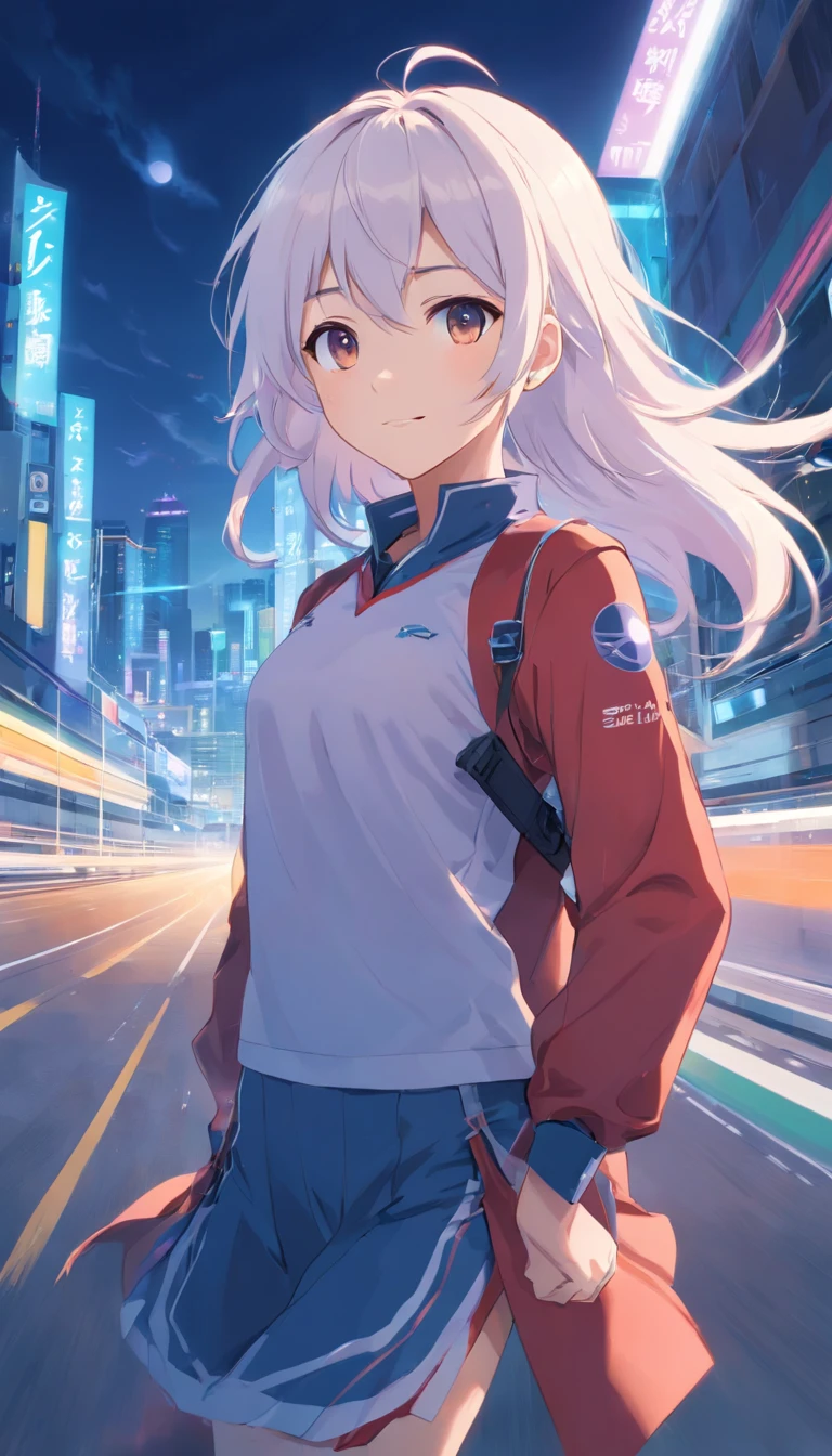 best qualtiy, tmasterpiece, 超高分辨率, realisticlying, 1 girl,(long white hair),Heterochromic pupils,(ssmile)(Ride racing motorcycles),(Locomotive kit),Motorcycle track,wide angles