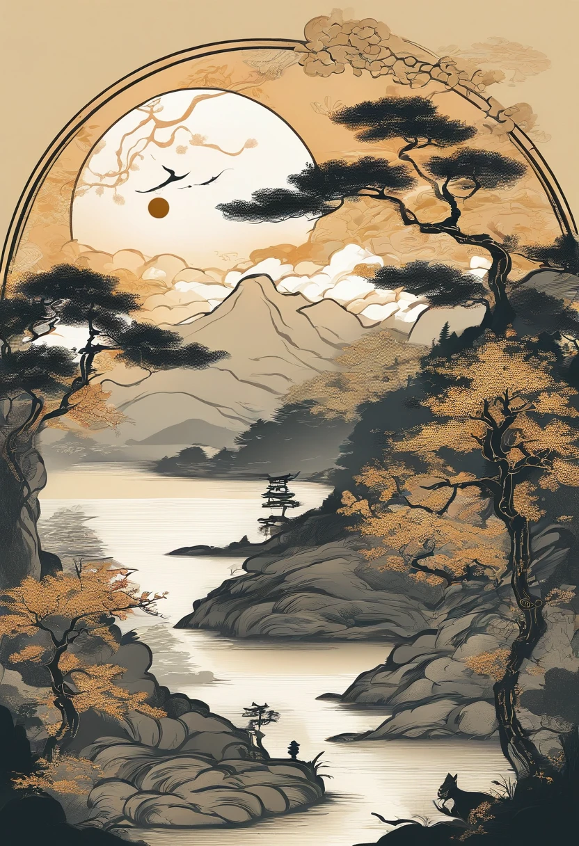 Chinese landscape,Traditional Chinese painting,Ancient rhyme Jiangnan,Yamakawa,pines,Leave white space,، simple,themoon