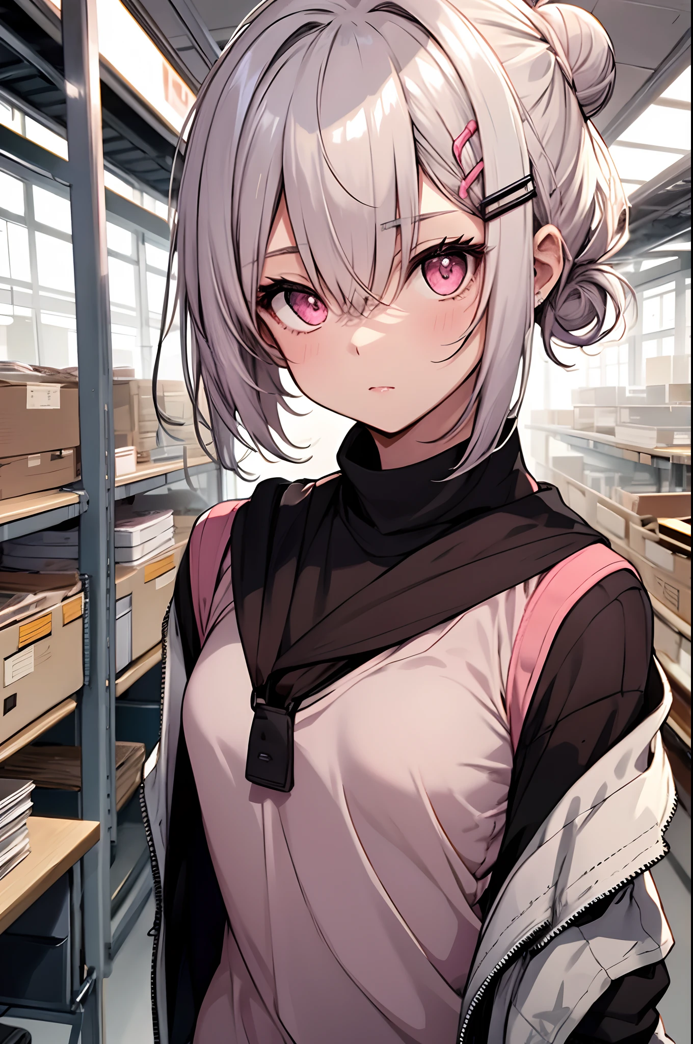 1girl in, Solo, Short hairstyle with silver hair and bob, Hair tied in a bun with a hair clip, Pink eyes、small tits, schools, Looking at Viewer