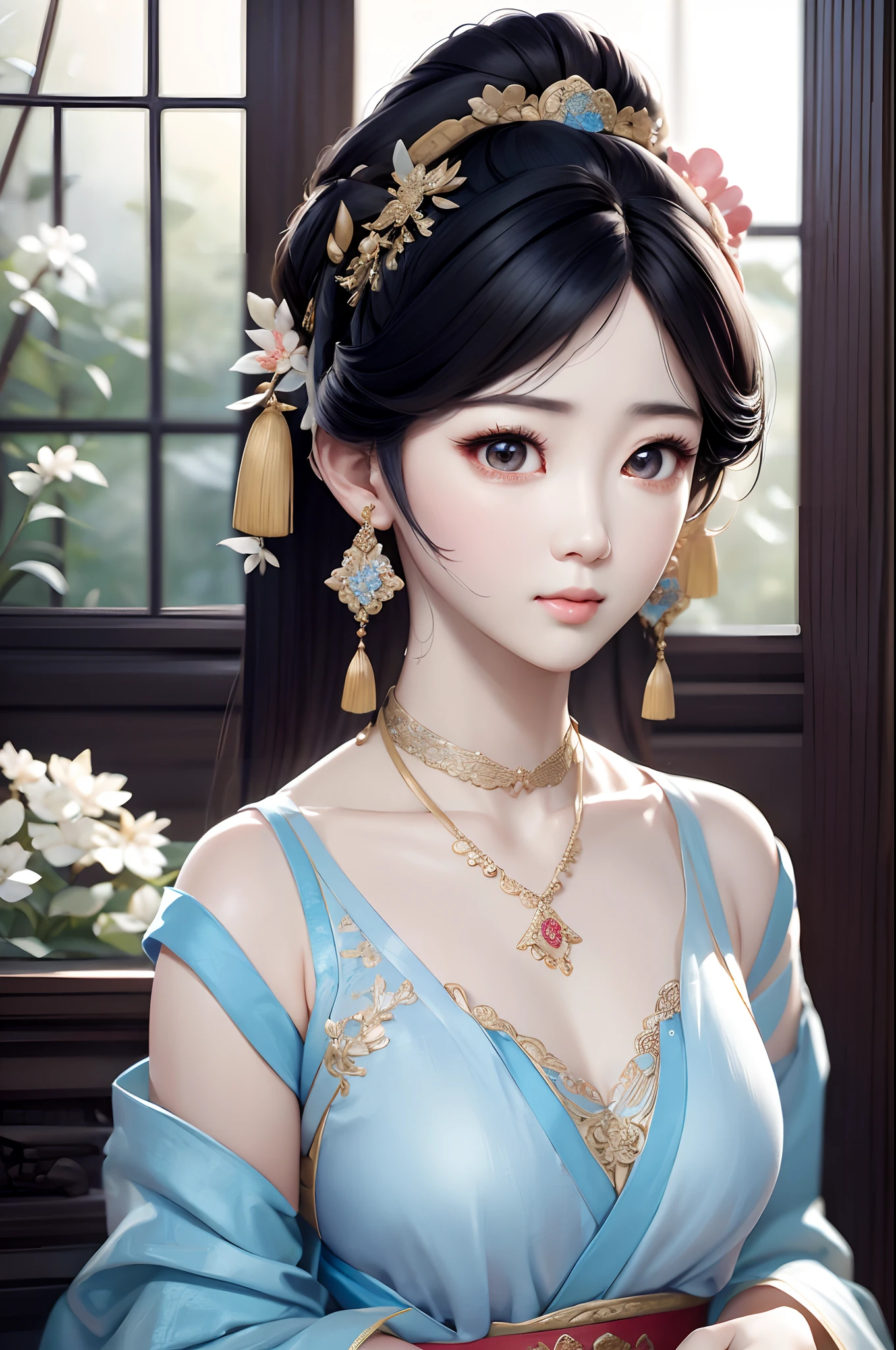 Close-up of a woman wearing a light blue slip dress necklace, Chinese style, Chinese girl, Beautiful character painting, Guviz-style artwork, Palace , A girl in Hanfu, Beautiful rendering of the Tang Dynasty, Realistic anime 3 D style, trending on cgstation, 8K high quality detailed art, Princesa chinesa antiga, Chinese woman, Guviz