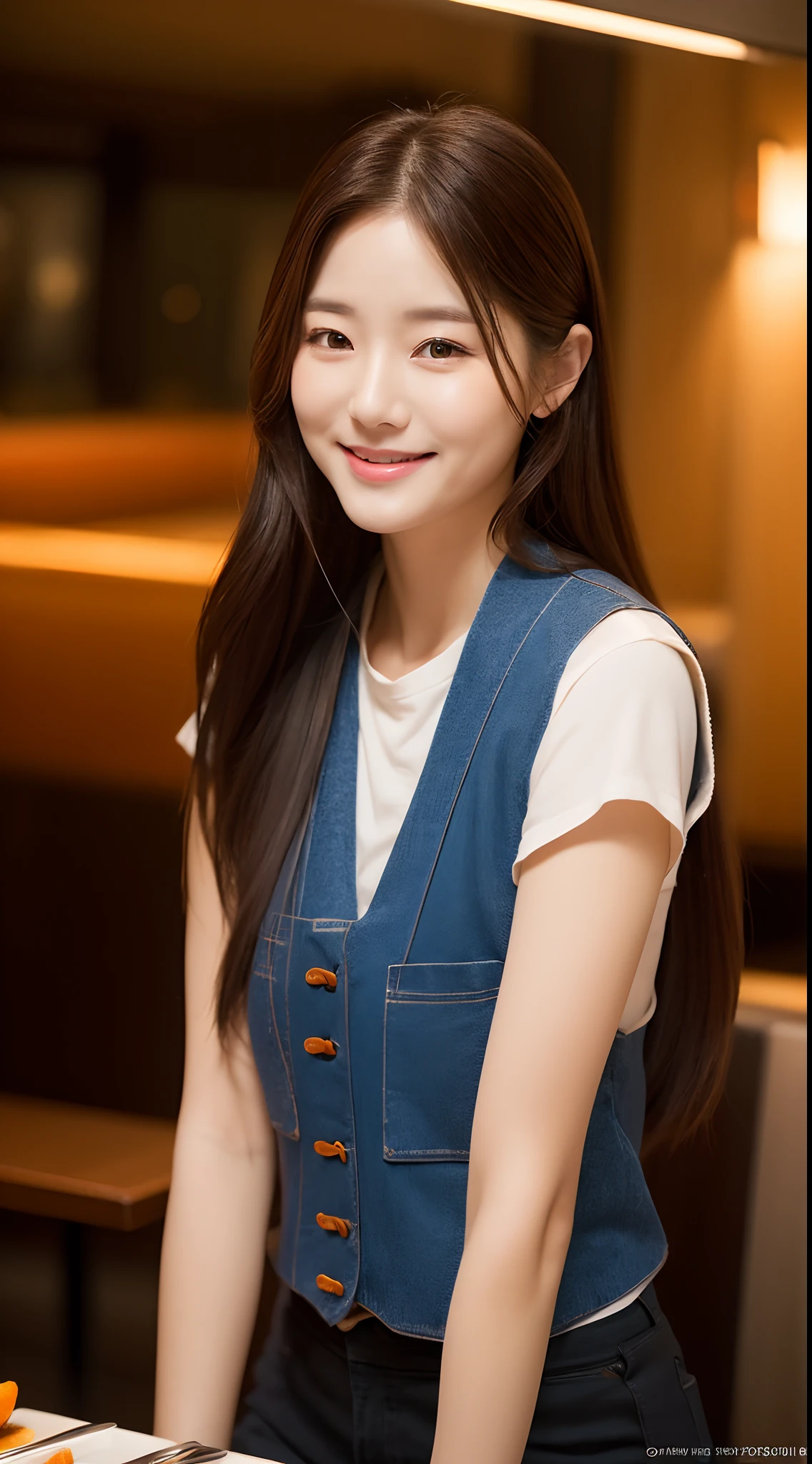 Realistic photos of (1 cute Korean star) hair over eyes, thin makeup, slightly smile, 32 inch breasts size,wearing orange vest, pants, sitting in the restaurant, f/16, 35mm, Canon, UHD