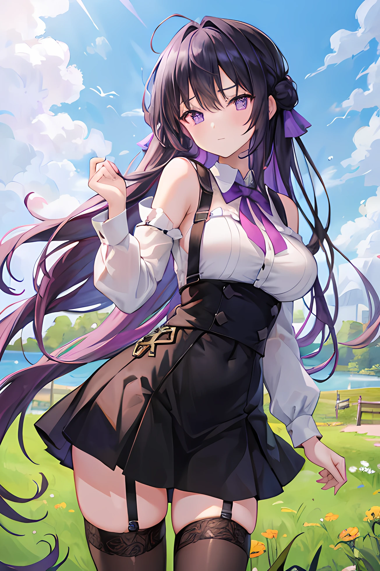 masterpiece, best quality,1girl,solo,kirasaka sayaka,brown hair,long hair,ponytail, hair ribbon, green eyes,,purple thighhighs, wariza, (nsfw). Outdoors.