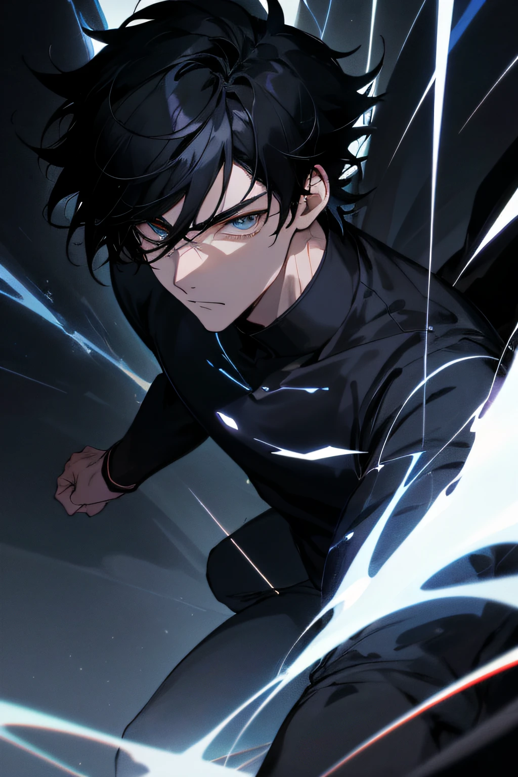 close up on a young man with medium black hair in modern clothes with a black background with lights and thunder, 8K manhwa, epic anime style, bright aura, power surrounding the character