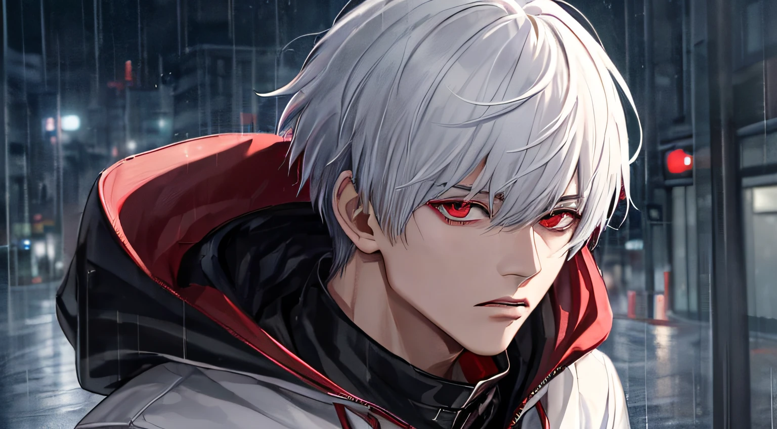 a close up of a man boy person with a bloody face and and white hair, his eyes are bleeding intense, kaneki ken, ken kaneki, bloody face, clean brutal blooded face, [[blood]], bloody tears, crying tears of blood, gapmoe yandere grimdark, ghoul, blood splatter on the sides, bloody, bloody scene