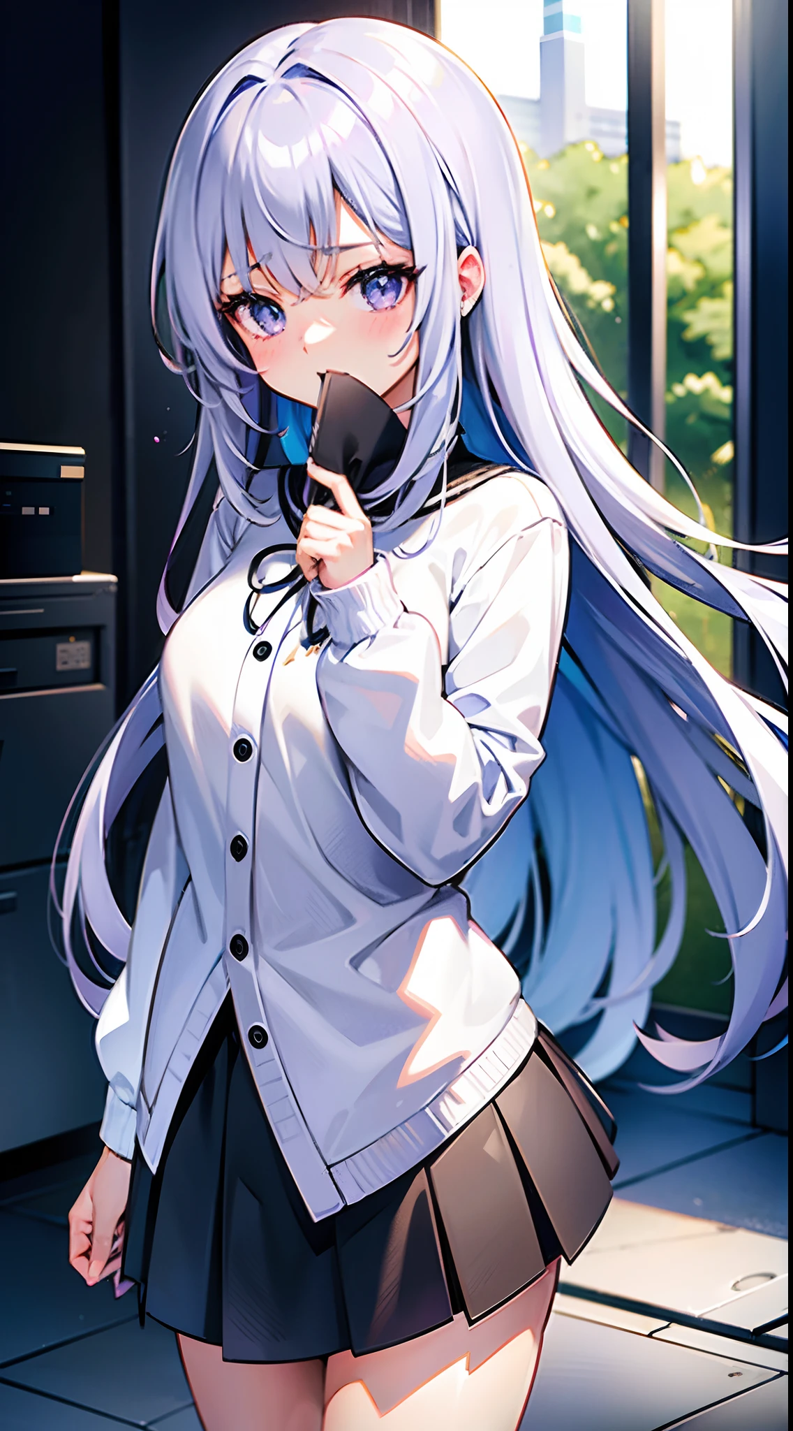 White and purple gradient hair、1 girl in、White sweater、a black skirt、