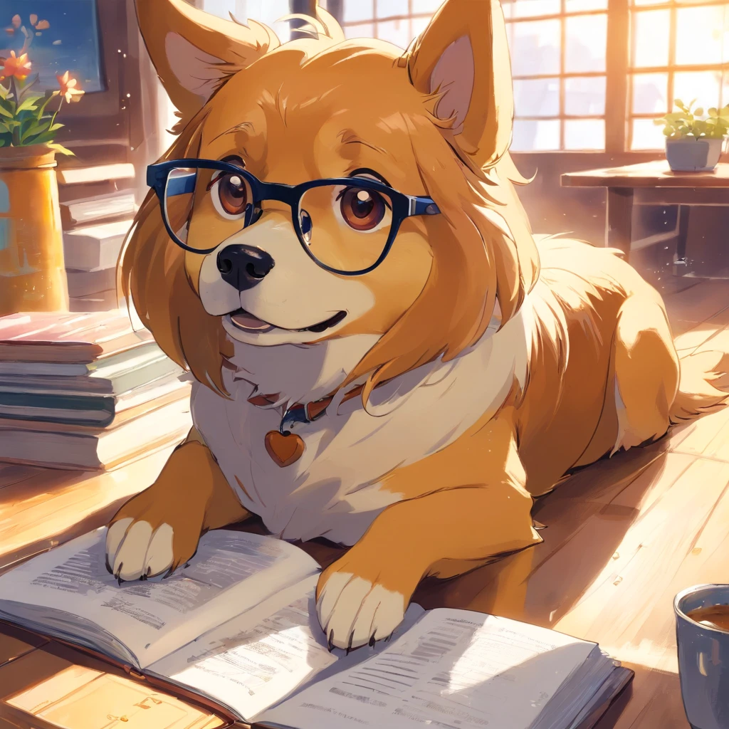Caramel dog with glasses，book ， pintado em aquarelas brilhantes, Desenho de animais, Pintura em aquarela vibrante, cute dog painting， Obras de arte deslumbrantes, Surrealismo com cores vivas, infinidade de cores，Rico em detalhes, Pintura digital bonita, Awesome, Arte Digital Foto Animal, Arte colorida，Arte detalhada em aquarela