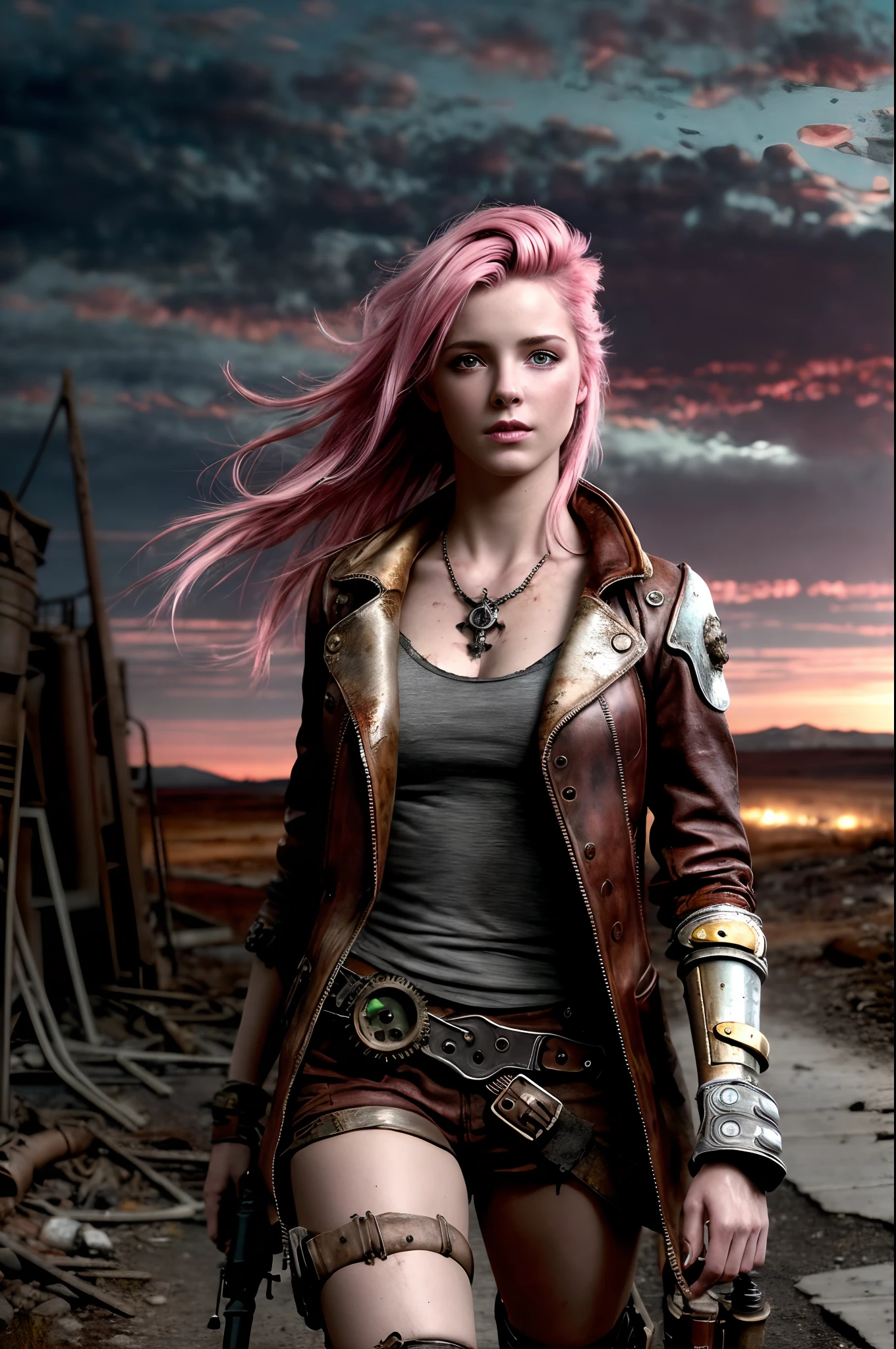 masterpiece, ultra detailed, 8K, Raw photo, Realistic light, Cinematic composition, skyscape with clouds,  full colours nightfall, depth of field, 35 mm, postapocalyptic aura, steampunk aesthetic, 18 years old cute woman, on the ruined street, (torn dirty steampunk clothing), cute sexy, depth of field, (Focus: 1.2), dark atmosphere, in dinamic movement, cinematic lighting, detailed face and skin texture, fine eyes, pink hair colour, action movie style, vivid colours