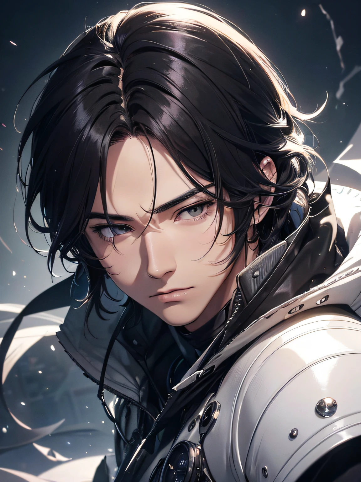 (best quality digital art 4k high resolution digital illustration beautiful image hyper-detailed image perfect lines soft lighting night environment soft zoom perfect face) (1:1 photorealistic) (neutral colors HDR 1.4) manhwa art a 25 year old adult male (eyes expressionless black people) black medium hair modern clothes dystopia male character