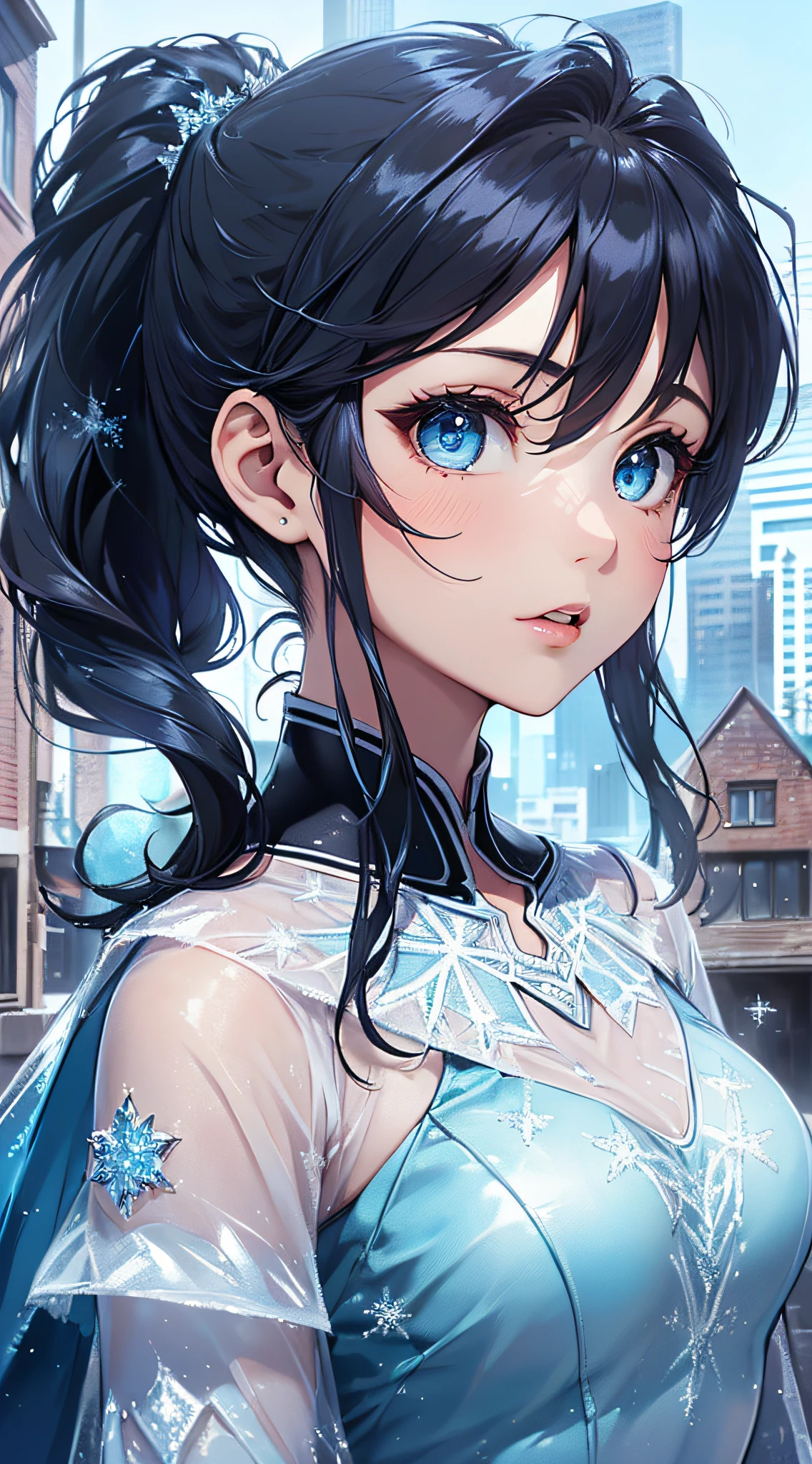 top-quality、Top image quality、​masterpiece、girl with((cute little、18year old、Best Bust、Medium bust、Bust 85,Beautiful blue eyes、Breasts wide open,Ponytail with black hair、A slender、Blue hair mesh、Beautiful white sailor suit、falda corta,)）hiquality、Beautiful Art、Background with((White blue sky、Frozen town、Frozen Buildings、Frozen tower)),masutepiece、Elaborate design、visualart、depth of fields、The best lighting、highestdetailed、8ｋ