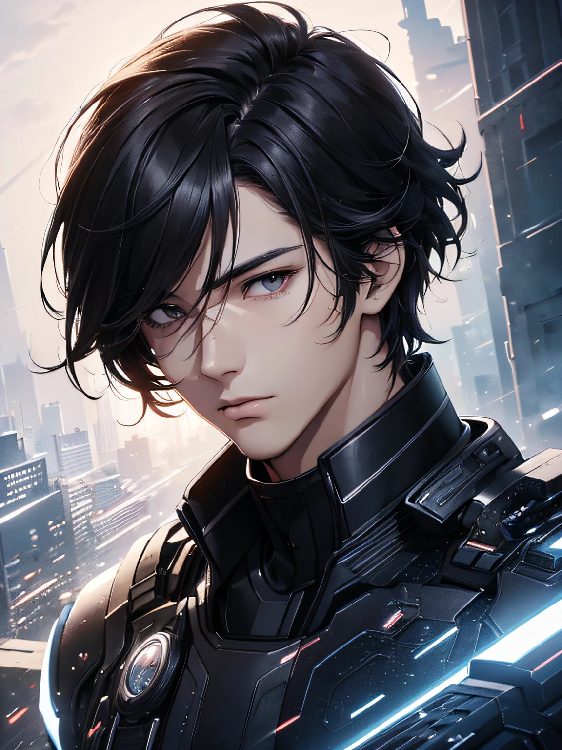 (best quality digital art 4k high resolution digital illustration beautiful image hyper-detailed image perfect lines soft lighting night environment soft zoom perfect face) (1:1 photorealistic) (neutral colors HDR 1.4) manhwa art a 25 year old adult male (eyes expressionless black people) black medium hair modern clothes dystopia male character