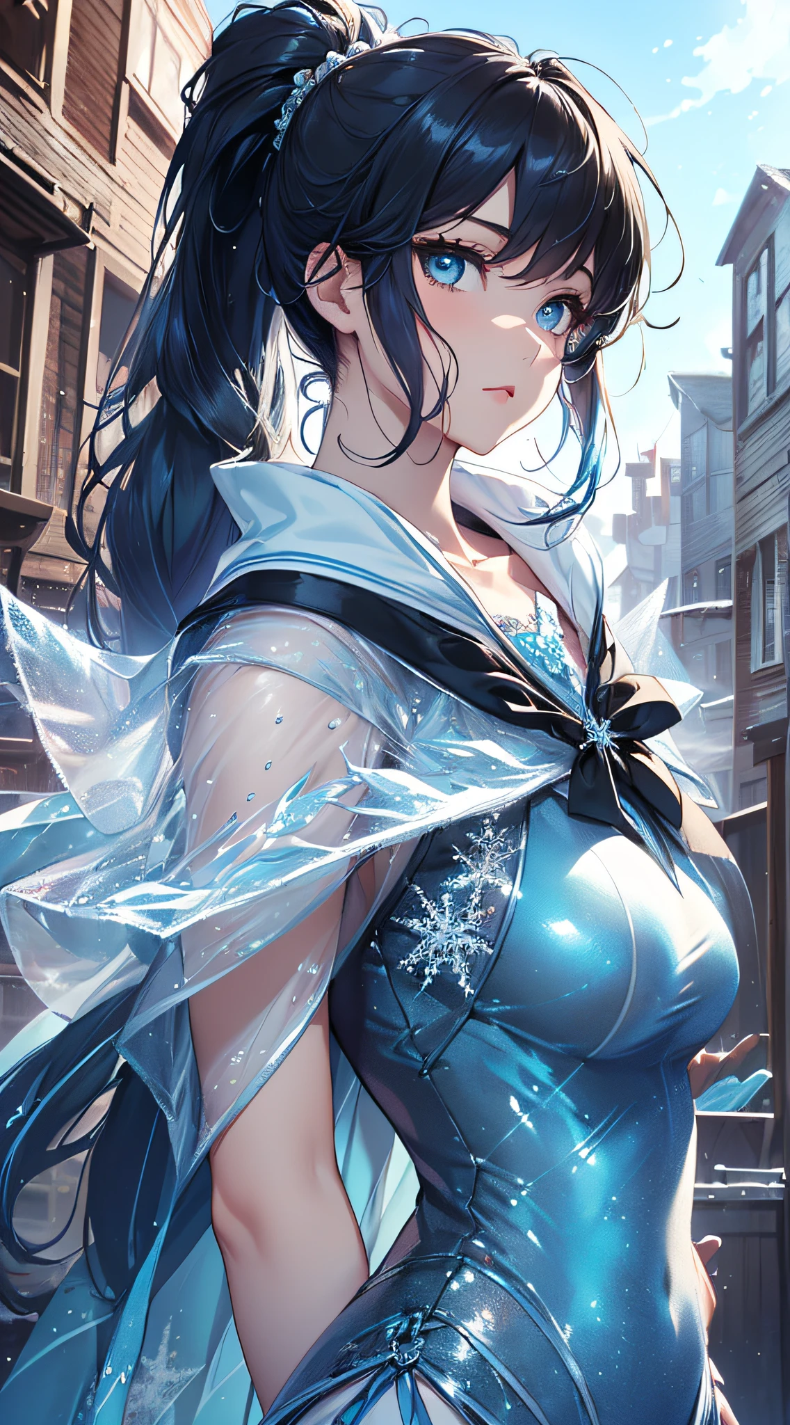 top-quality、Top image quality、​masterpiece、girl with((cute little、18year old、Best Bust、Medium bust、Bust 85,Beautiful blue eyes、Breasts wide open,Ponytail with black hair、A slender、Blue hair mesh、Beautiful white sailor suit、falda corta,)）hiquality、Beautiful Art、Background with((White blue sky、Frozen town、Frozen Buildings、Frozen tower)),masutepiece、Elaborate design、visualart、depth of fields、The best lighting、highestdetailed、8ｋ