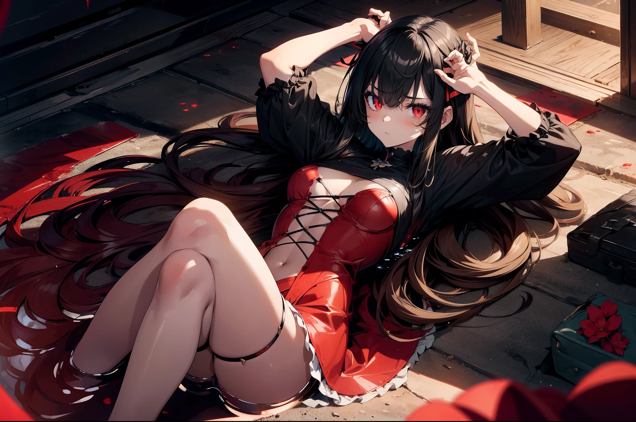 1 **** girl ,lying in blood sea, arms up, bloody body, character focus, Dutch angle, Faintly emerge from the darkness, ((rape eyes)) , serious face, black hair, long hair, ribbon , black dress, red eyes, glowing eyes ,high resolution,(incredibly absurdres), (hires.fix:1.3),anime visual,extremely detailed CG unity 8k wallpaper, ((masterpiece)), ((top-quality)), (beautiful illustration), ((an extremely delicate and beautiful))