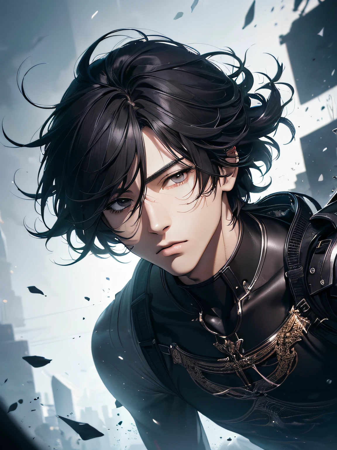 (best quality digital art 4k high resolution digital illustration beautiful image hyper-detailed image perfect lines soft lighting night environment soft zoom perfect face) (1:1 photorealistic) (neutral colors HDR 1.4) manhwa art a 25 year old adult male (eyes expressionless black people) black medium hair modern clothes dystopia male character