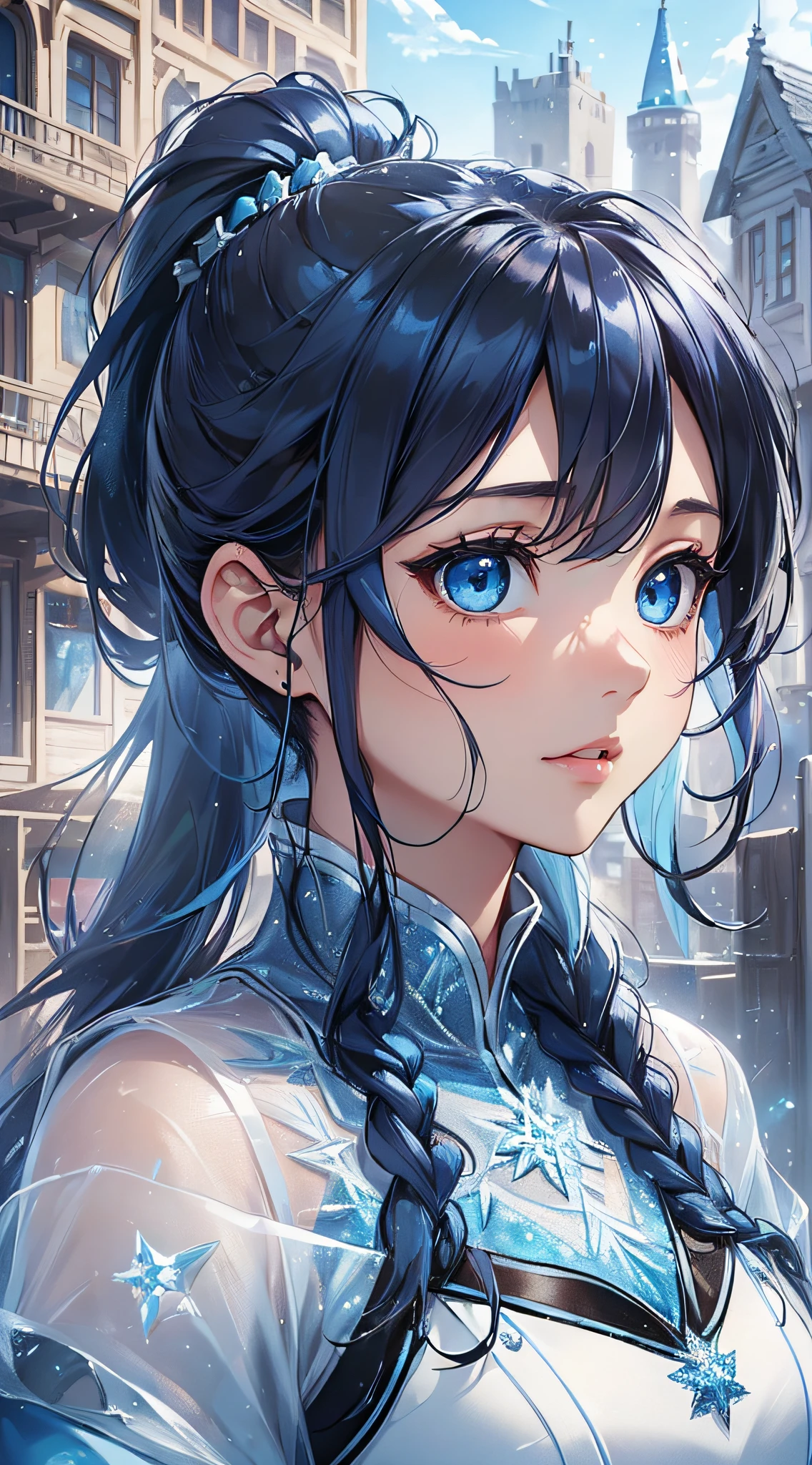 top-quality、Top image quality、​masterpiece、girl with((cute little、18year old、Best Bust、Medium bust、Bust 85,Beautiful blue eyes、Breasts wide open,Ponytail with black hair、A slender、Blue hair mesh、Beautiful white sailor suit、falda corta,)）hiquality、Beautiful Art、Background with((White blue sky、Frozen town、Frozen Buildings、Frozen tower)),masutepiece、Elaborate design、visualart、depth of fields、The best lighting、highestdetailed、8ｋ