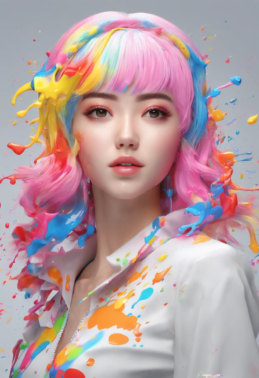 (Masterpiece, Best Quality, High Resolution), White Background, ((Paint Splash, Color Splash, Splash of Ink, Color Splash)), Sweet Chinese Girl, Rainbow Hair, Pink Lips, Front, Upper Body
