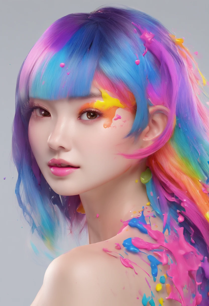 (Masterpiece, Best Quality, High Resolution), White Background, ((Paint Splash, Color Splash, Splash of Ink, Color Splash)), Sweet Chinese Girl, Rainbow Hair, Pink Lips, Front, Upper Body