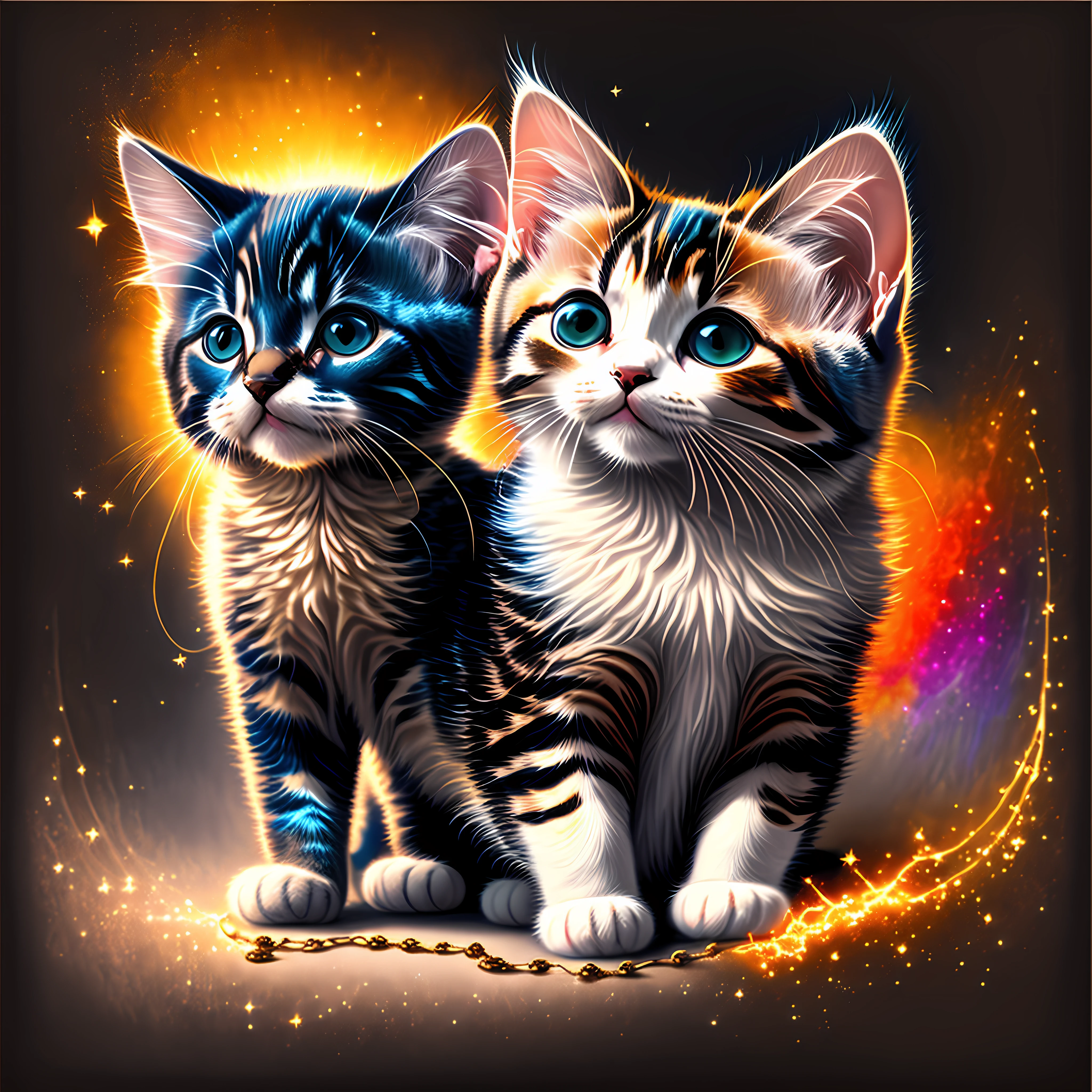 a painting of a colorful kitten on a black background,, breathtaking rendering, within a radiant connection, inspired by Kinuko Y. Craft,, magical elements, kitten icon, wow, is beautiful, casting a multi colorful spell, bright flash, flash